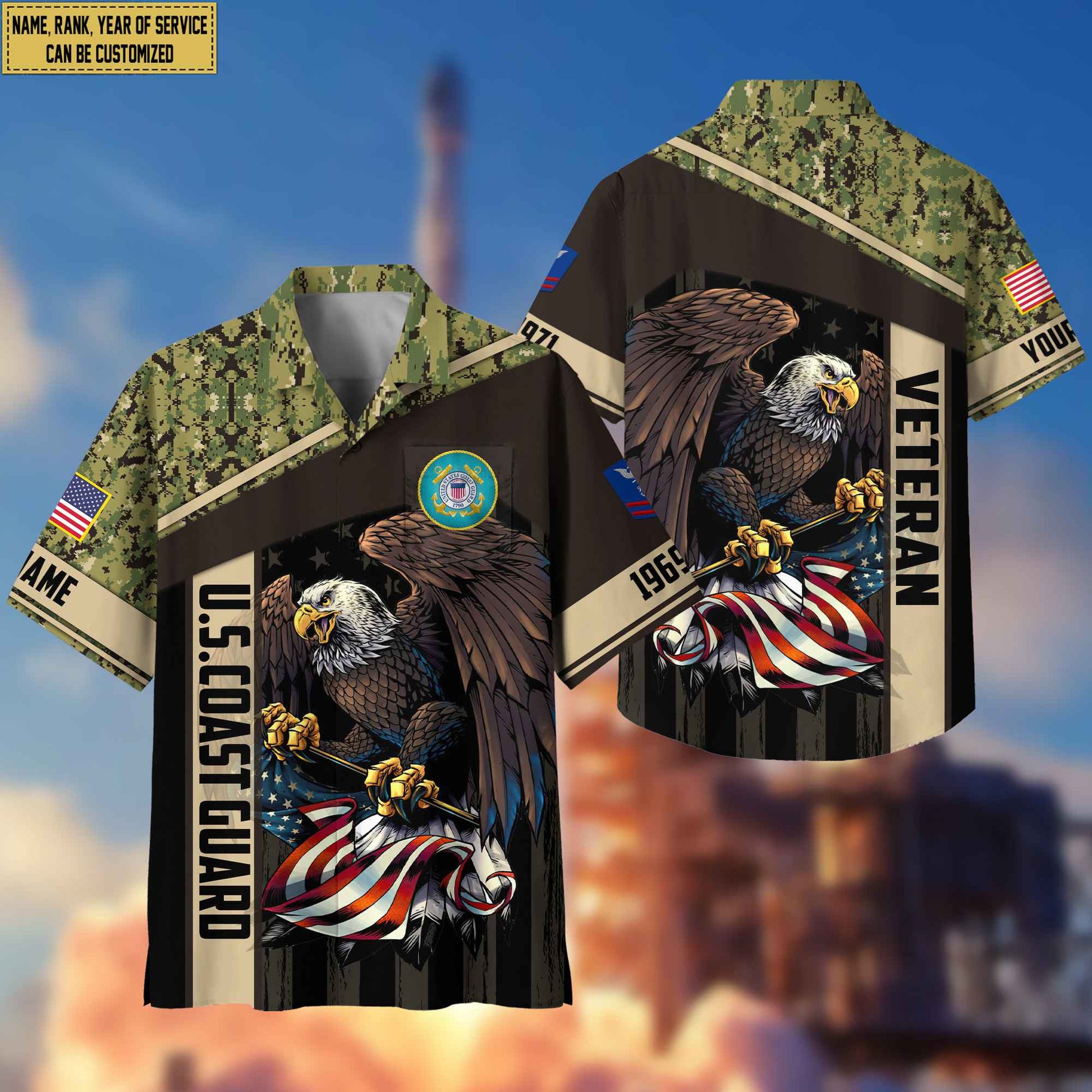 Premium Custom Name, Rank USCG Hawaiian Shirt With Pocket, Gifts For Dad, For Husband, Gifts For Coast Guard Veteran VPVC402505