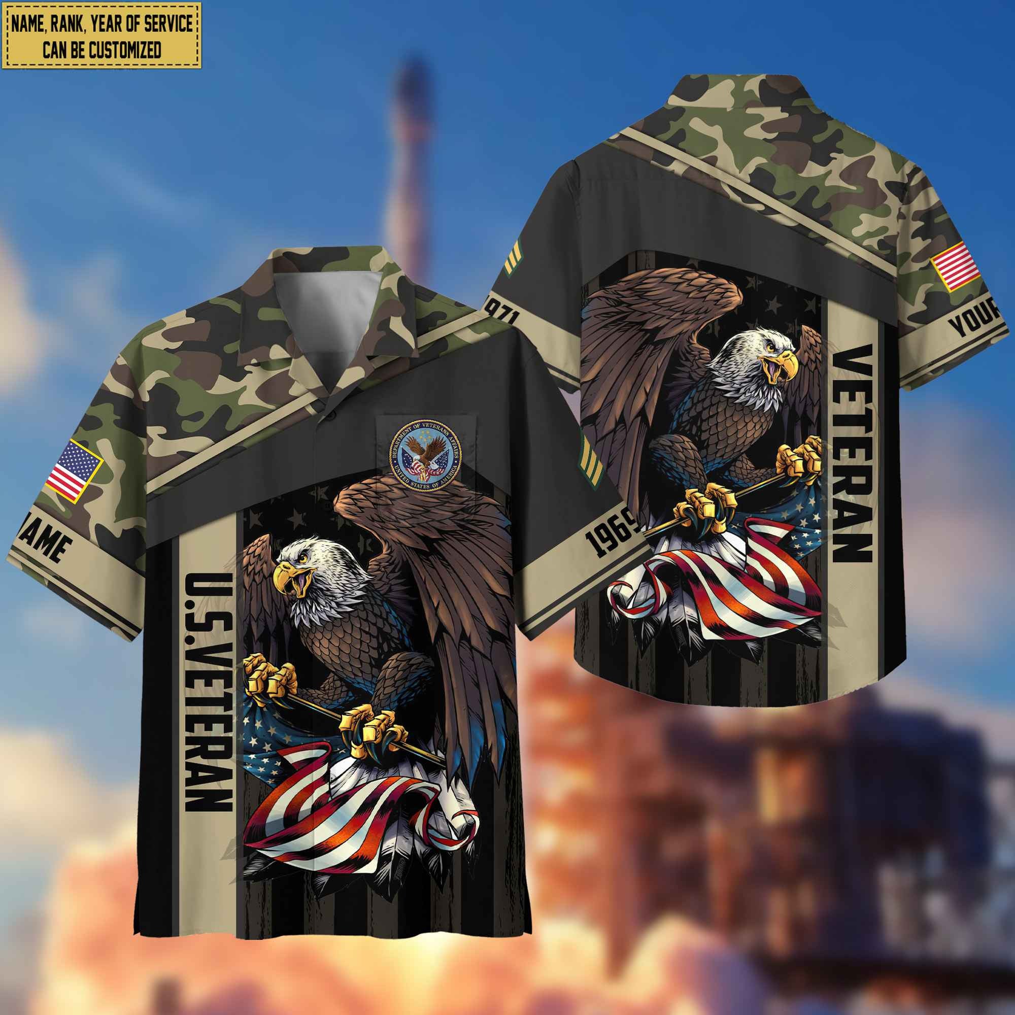 Premium Custom Name, Rank US Veteran Hawaiian Shirt With Pocket, Gifts For Dad, For Husband, Gifts For US Veteran VPVC402507