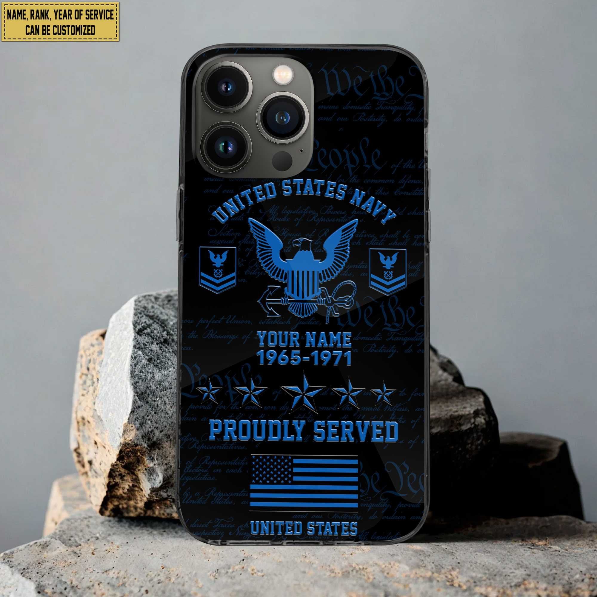 US Navy Phone Case, Custom Name, Rank, Gifts For Dad, For Husband, Gifts For Navy Veteran VPVC500402