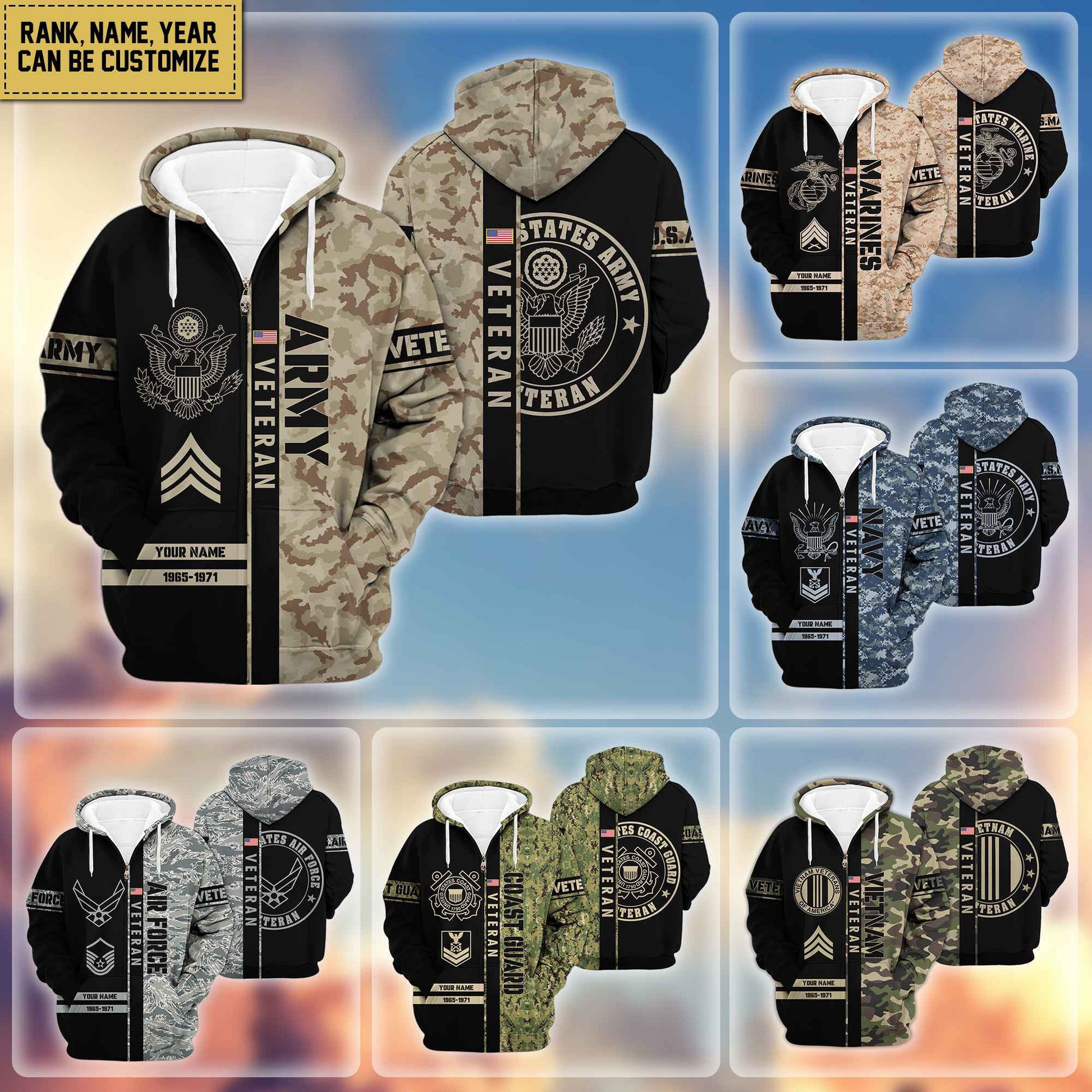 Premium Personalized Camo Soldiers US Veterans Zip Hoodie APVC141203