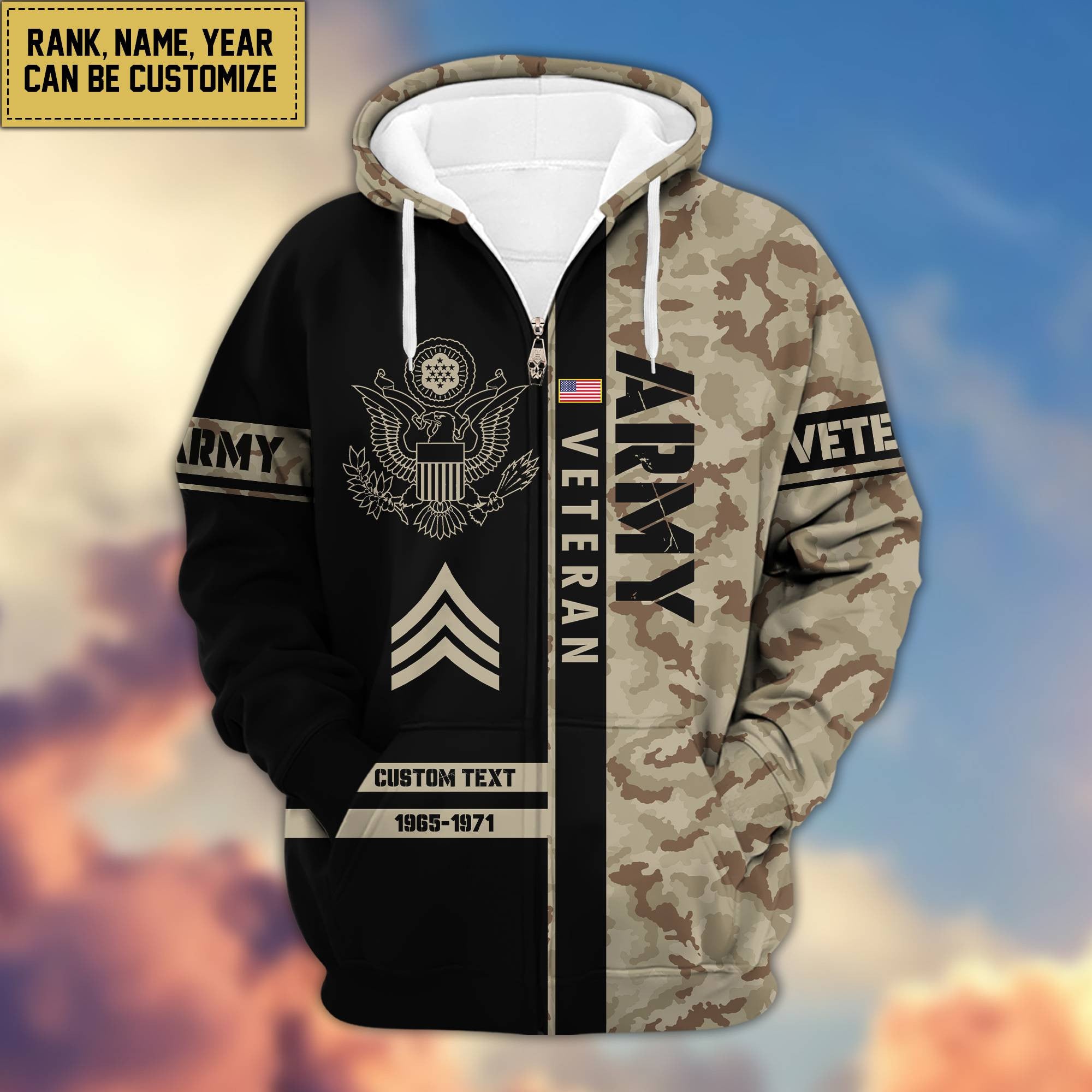 Premium US Army Zip Hoodie VPVC600001, Custom Name, Rank, Year, Gifts For Army Veteran, Gifts For Veterans Day