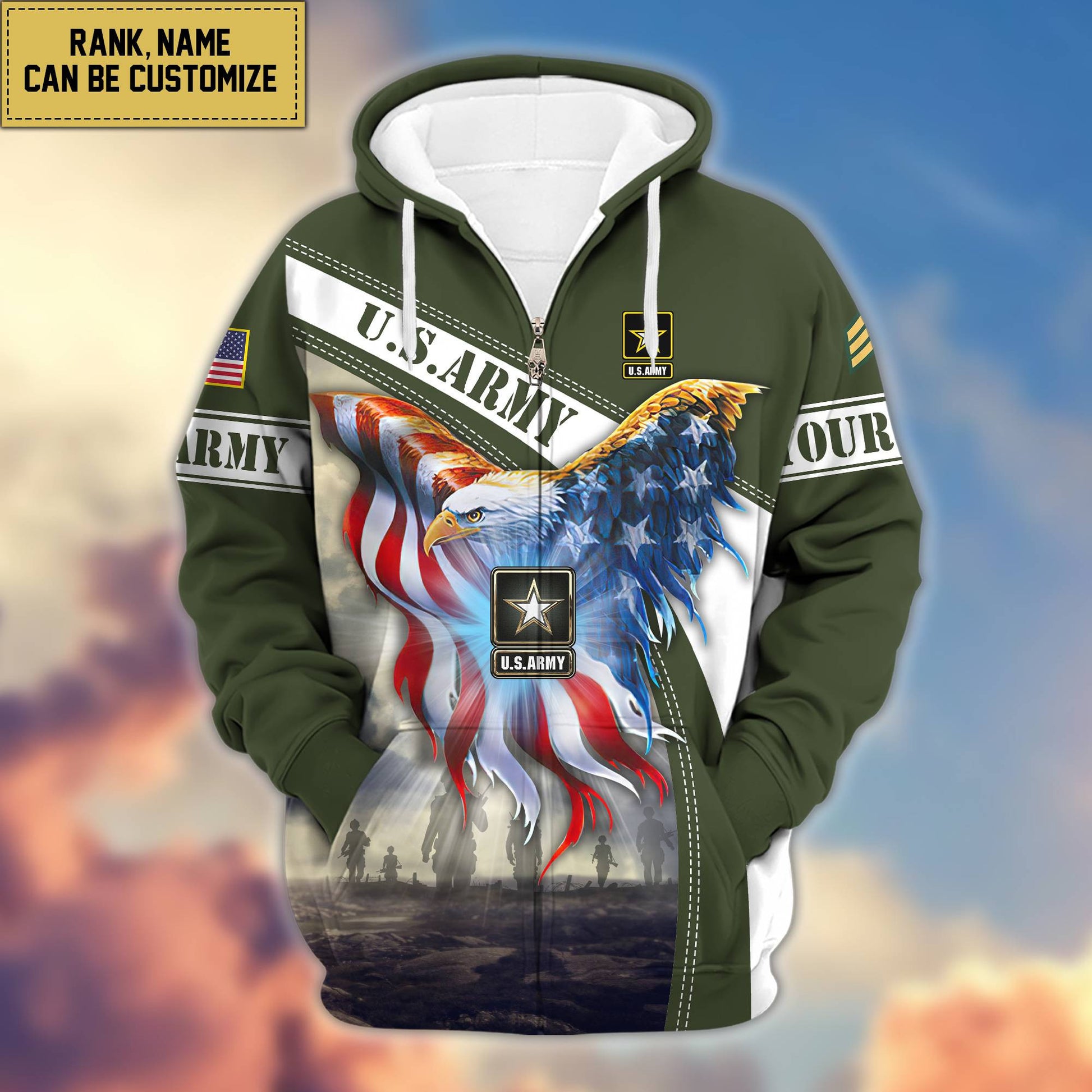 Premium US Army Zip Hoodie VPVC600101, Custom Name, Rank, Year, Gifts For Army Veteran, Gifts For Veterans Day