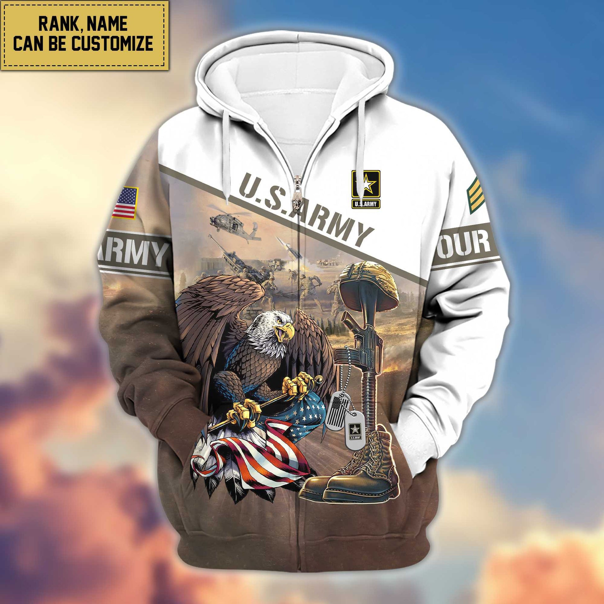 Premium US Army Zip Hoodie VPVC600201, Custom Name, Rank, Gifts For Army Veteran, Gifts For Veterans Day