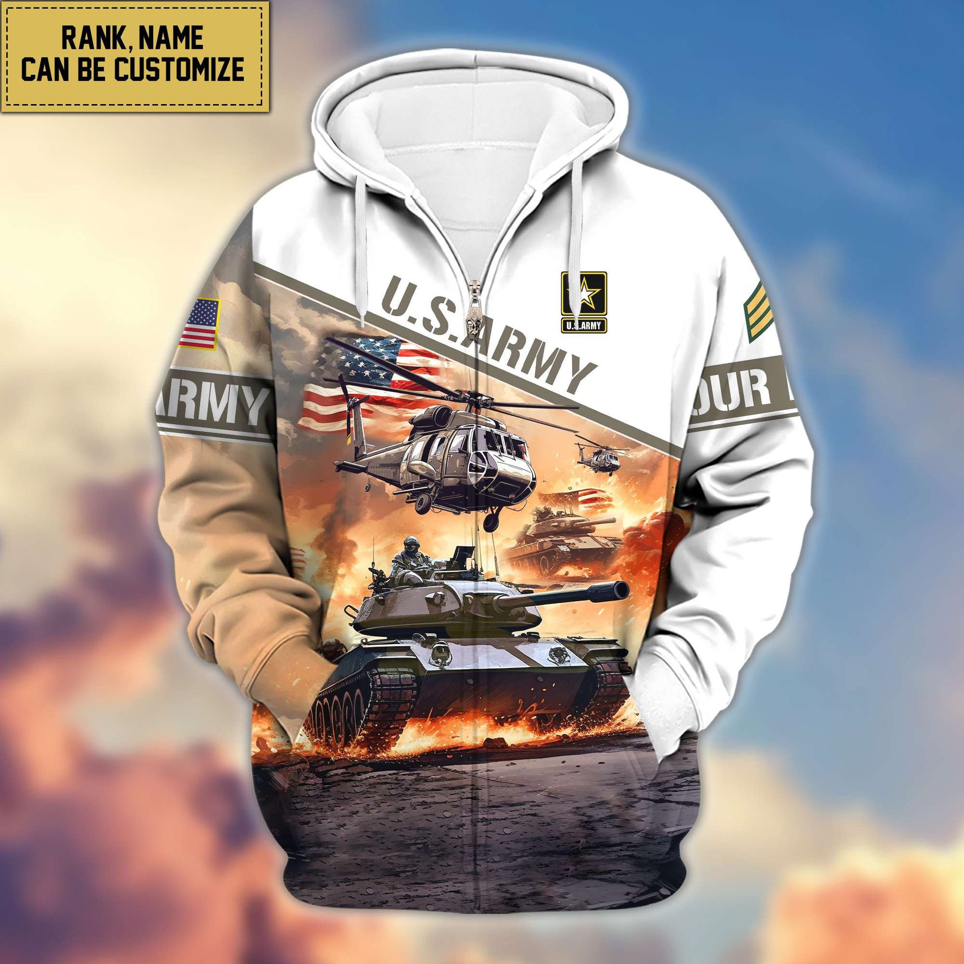 Premium US Army Zip Hoodie VPVC600401, Custom Name, Rank, Gifts For Army Veteran