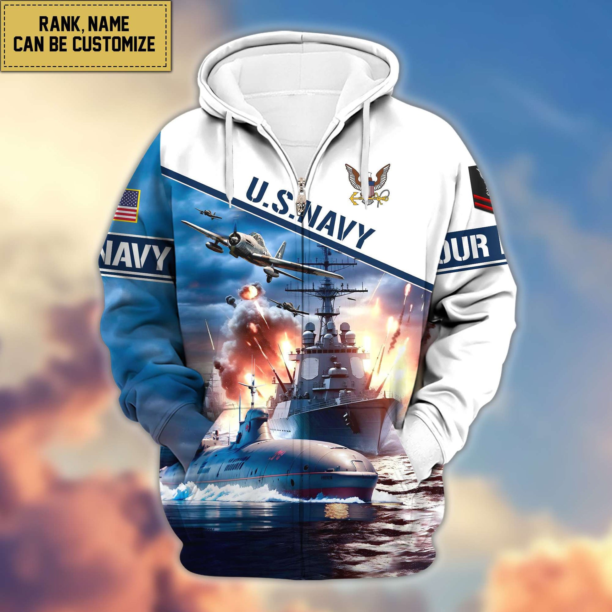 Premium US Navy Zip Hoodie VPVC600402, Custom Name, Rank, Gifts For Navy Veteran