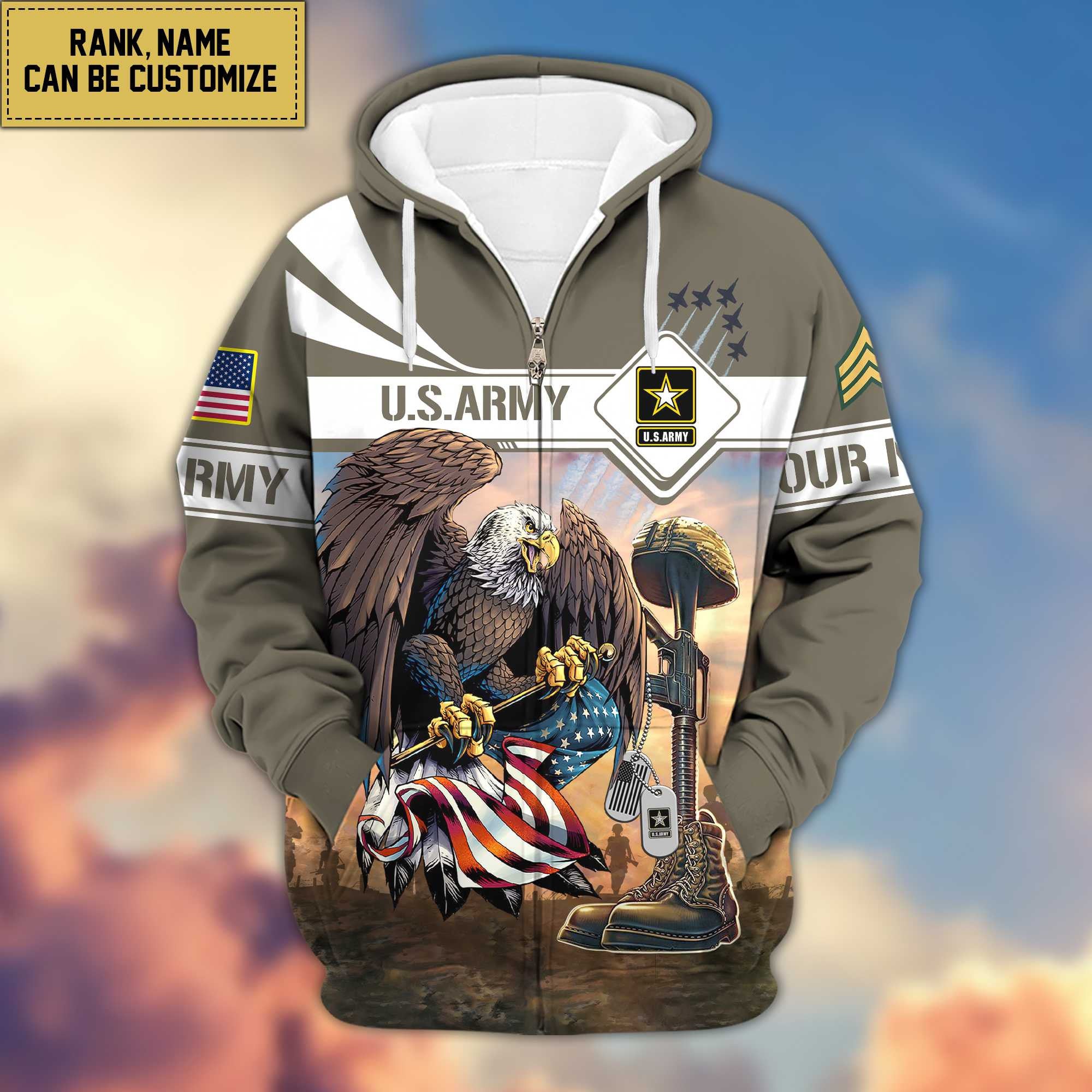Premium US Army Zip Hoodie VPVC600501, Custom Name, Rank, Gifts For Army Veteran