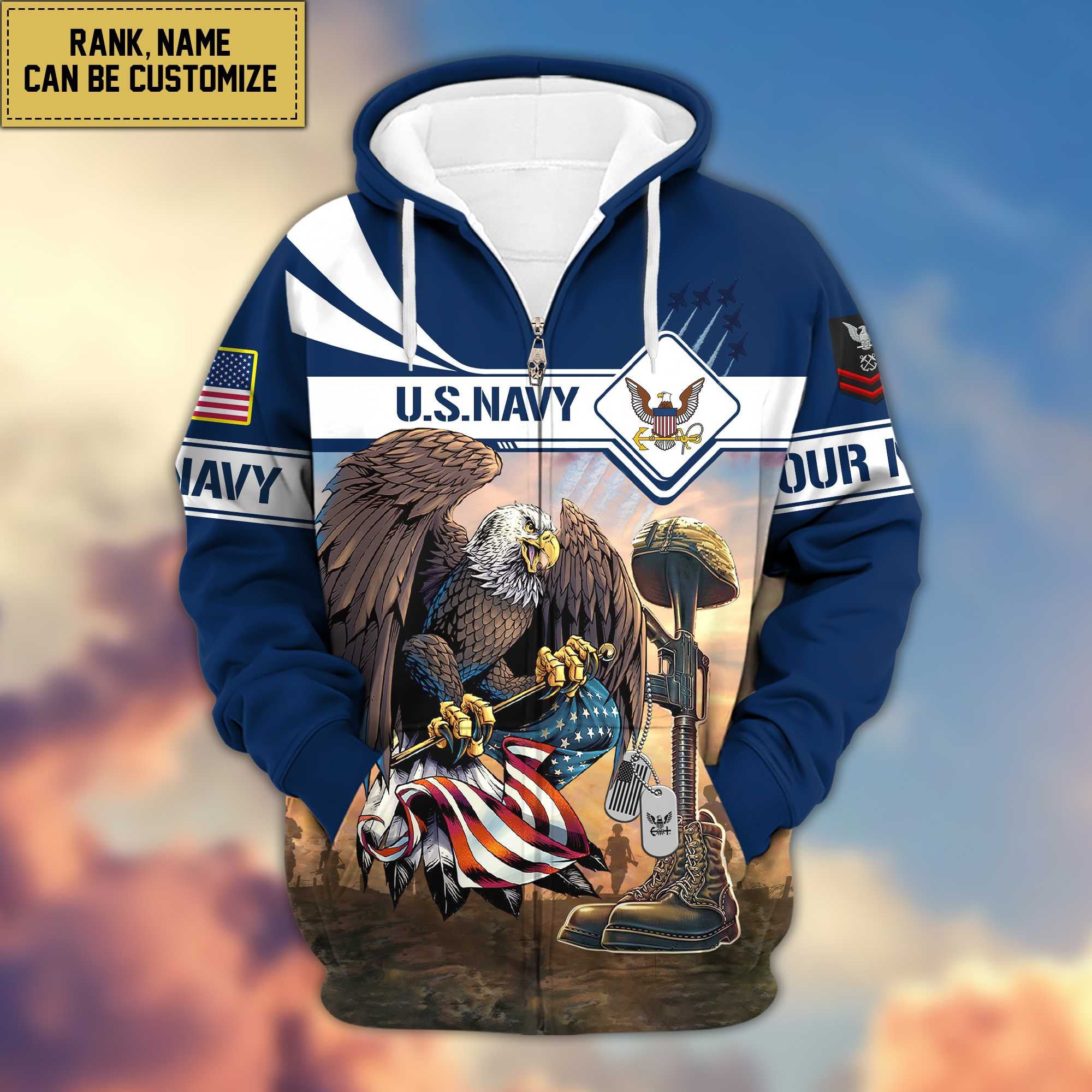 Premium US Navy Zip Hoodie VPVC600502, Custom Name, Rank, Gifts For Navy Veteran