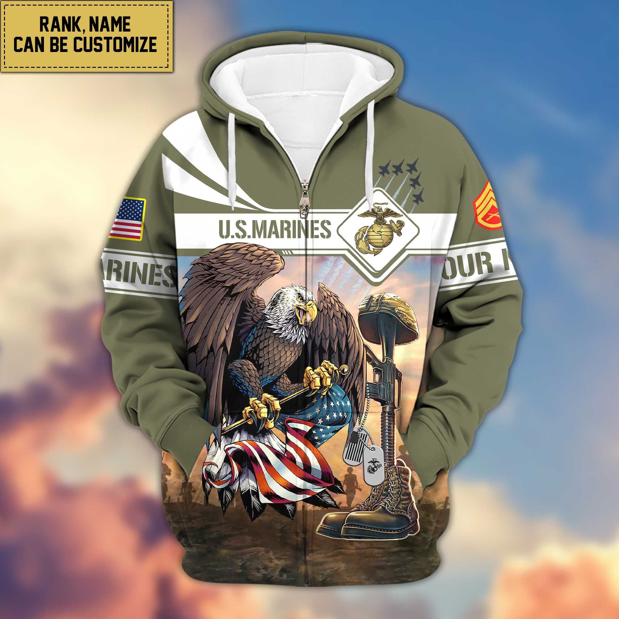 Premium USMC Zip Hoodie VPVC600503, Custom Name, Rank, Gifts For Marine Veteran