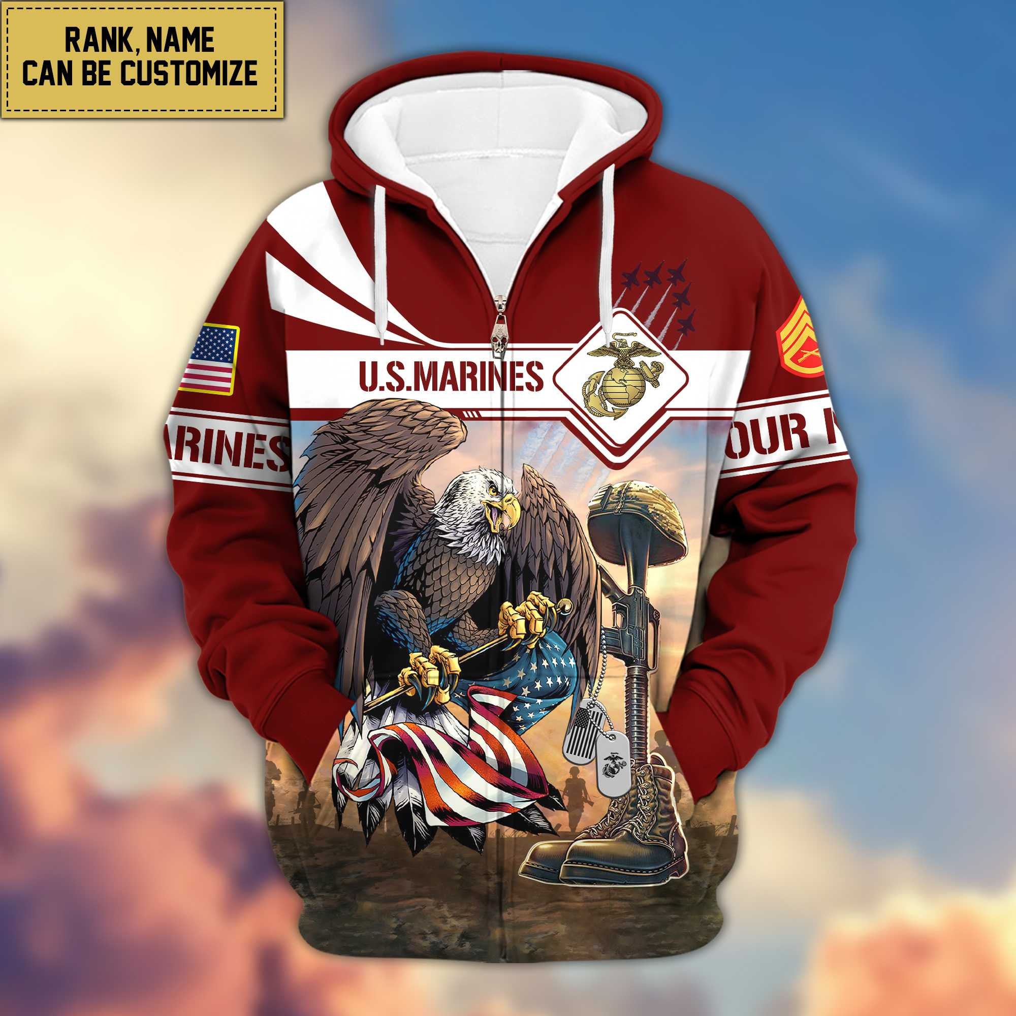 Premium USMC Zip Hoodie VPVC600503, Custom Name, Rank, Gifts For Marine Veteran
