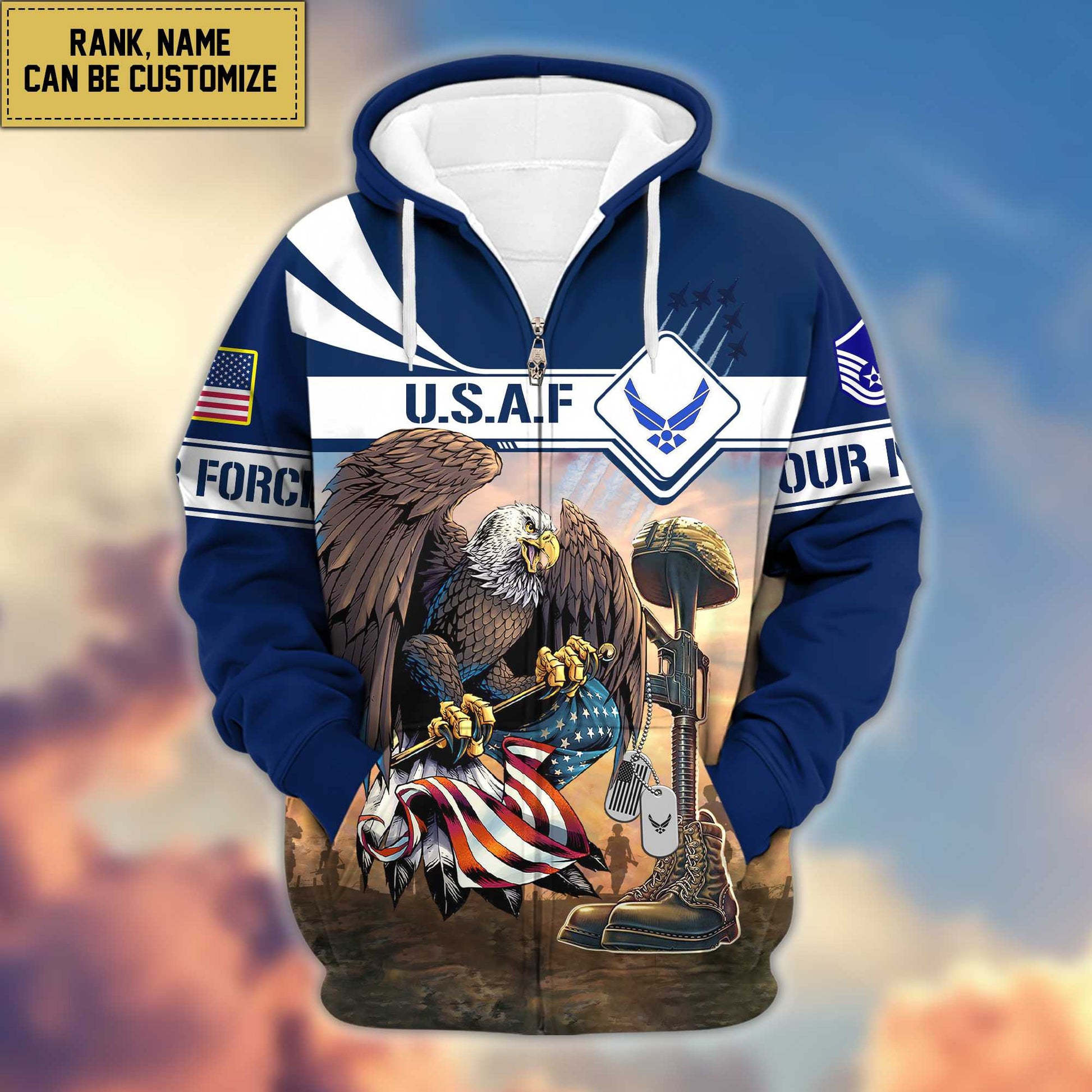 Premium USAF Zip Hoodie VPVC600504, Custom Name, Rank, Gifts For Air Force Veteran, Gifts For Veterans Day