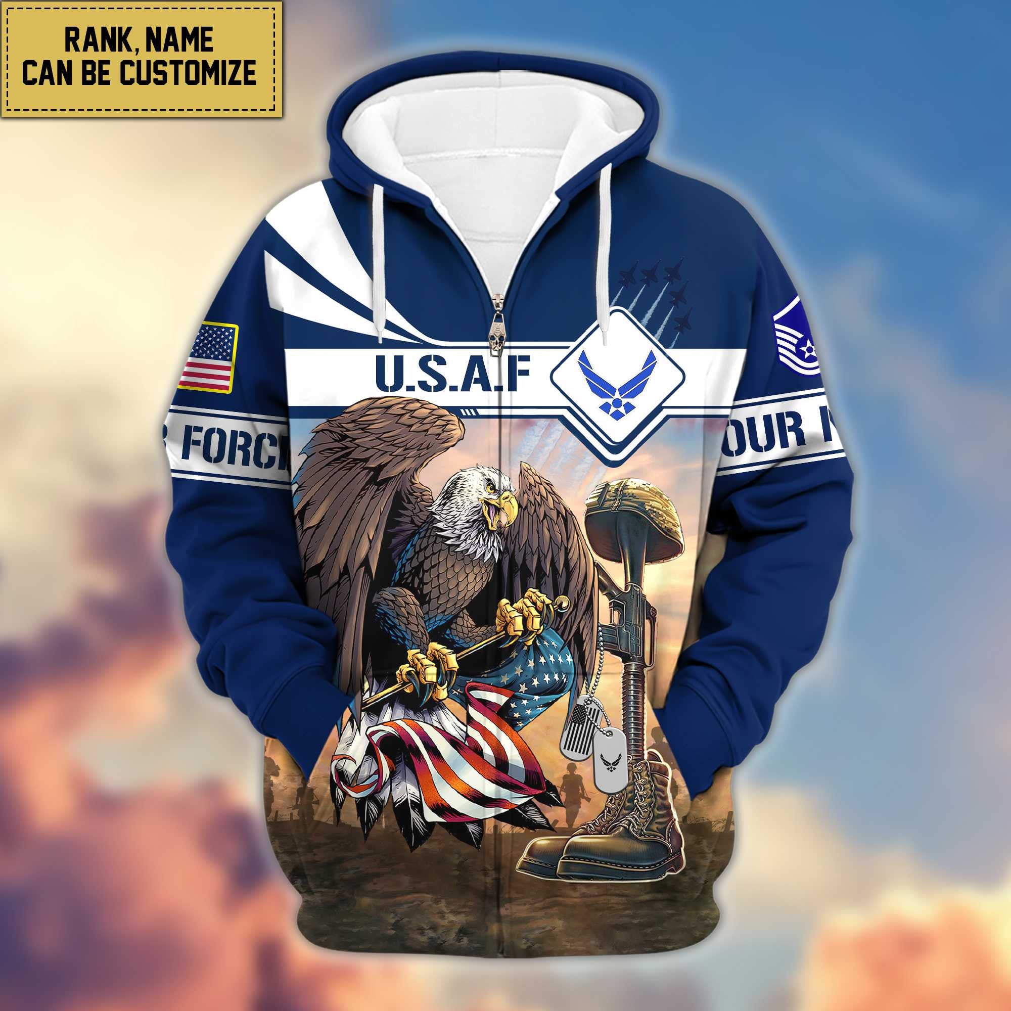 Premium USAF Zip Hoodie VPVC600504, Custom Name, Rank, Gifts For Air Force Veteran, Gifts For Veterans Day