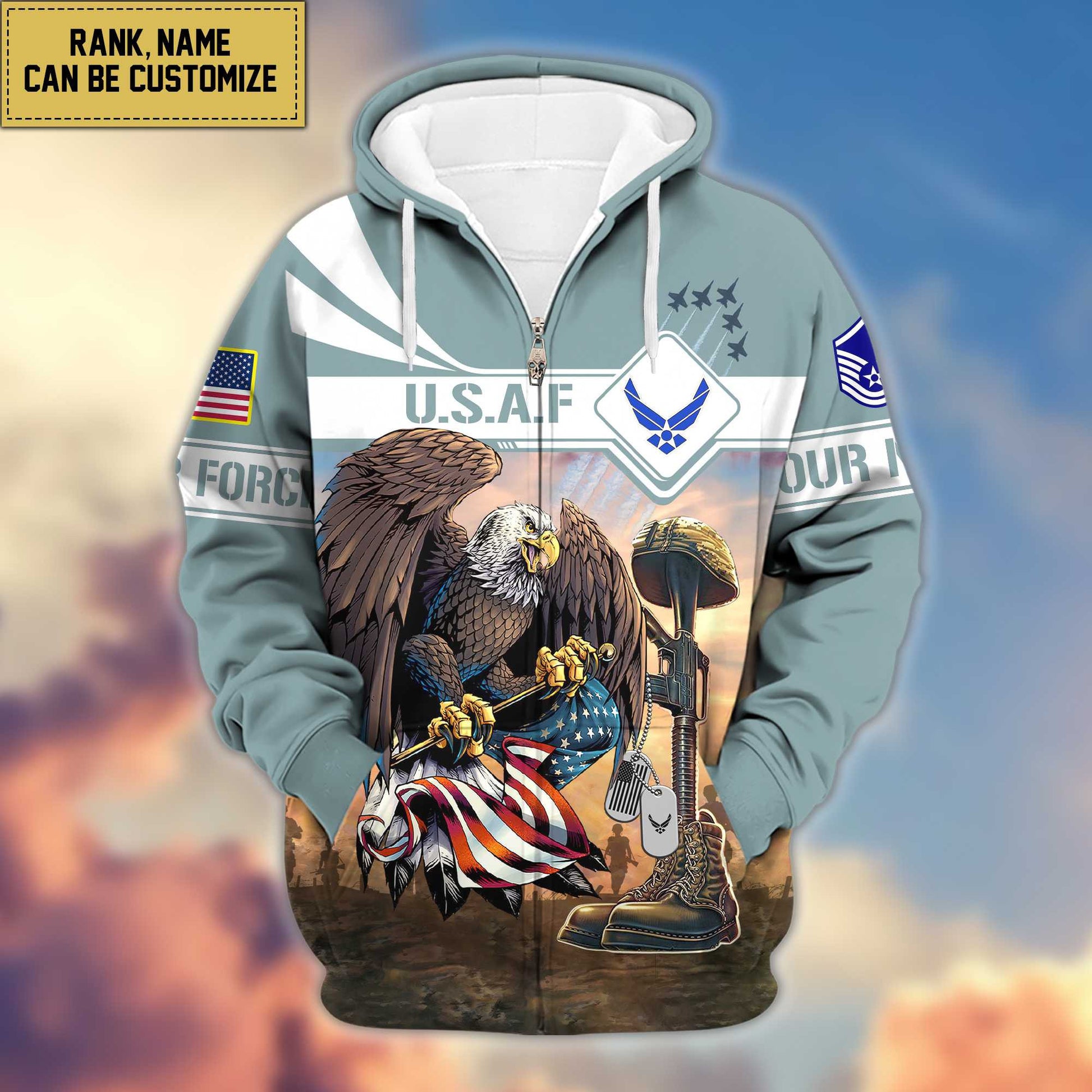 Premium USAF Zip Hoodie VPVC600504, Custom Name, Rank, Gifts For Air Force Veteran, Gifts For Veterans Day