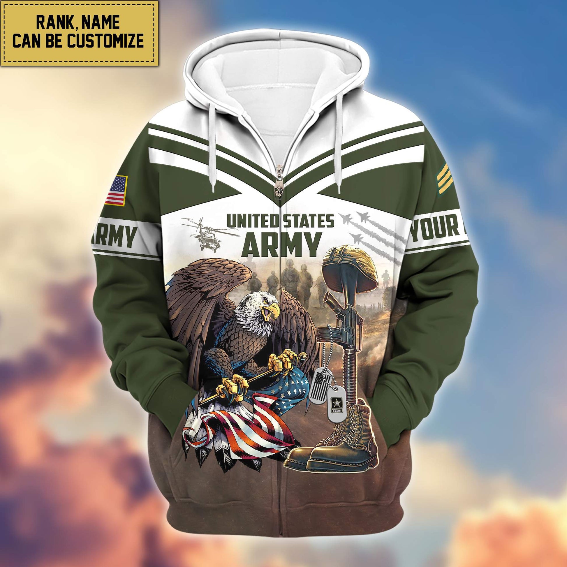 Premium US Army Zip Hoodie VPVC600601, Custom Name, Rank, Gifts For Army Veteran