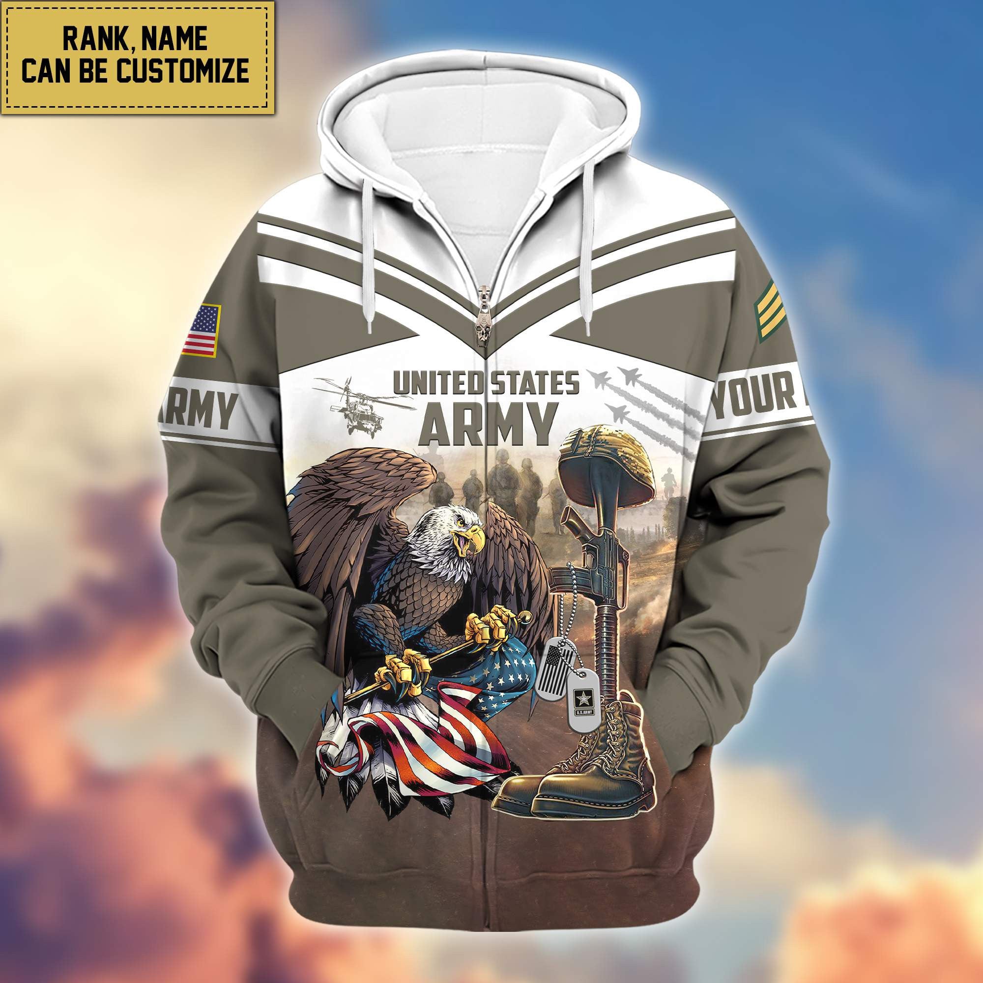 Premium US Army Zip Hoodie VPVC600601, Custom Name, Rank, Gifts For Army Veteran