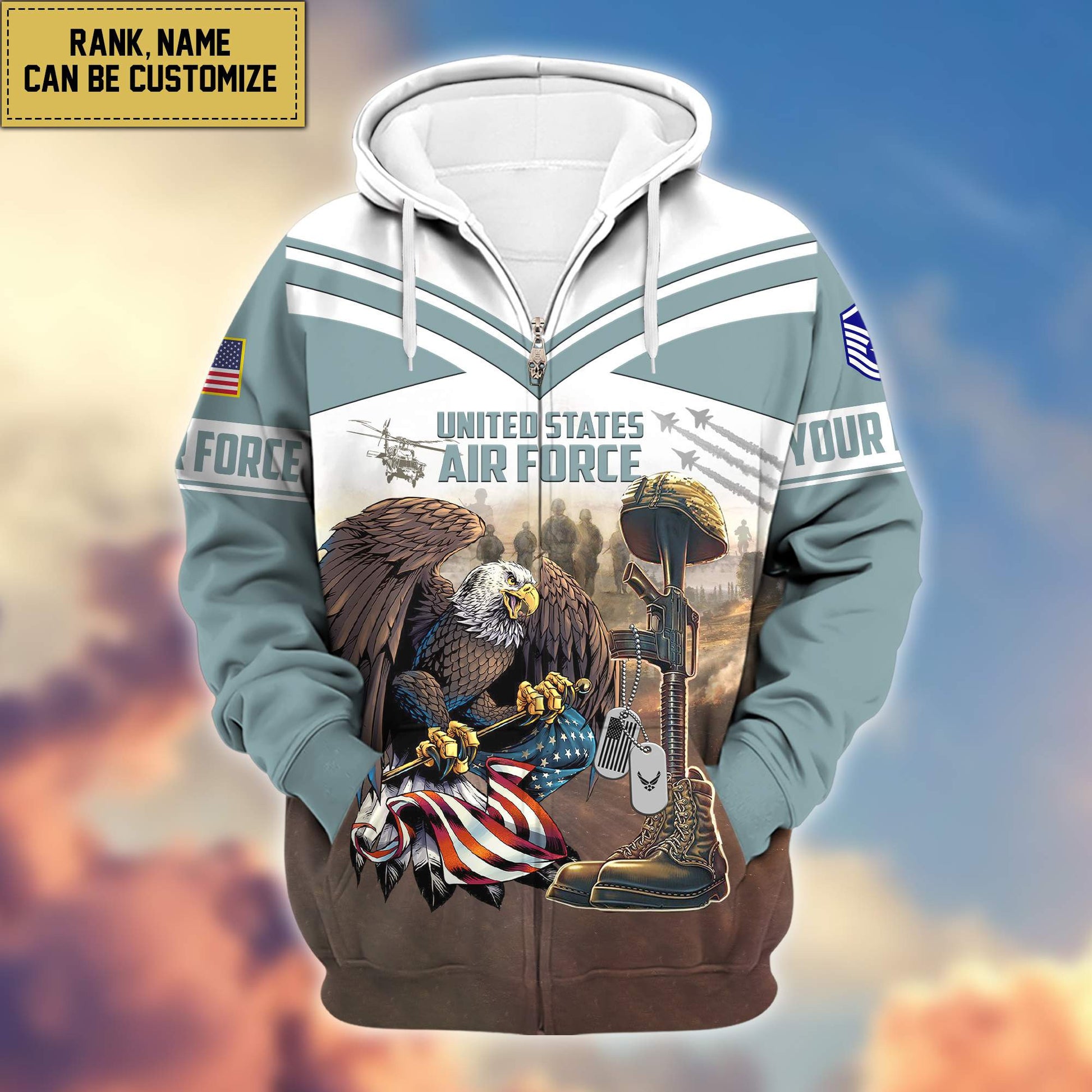 Premium USAF Zip Hoodie VPVC600604, Custom Name, Rank, Gifts For Air Force Veteran, Gifts For Veterans Day