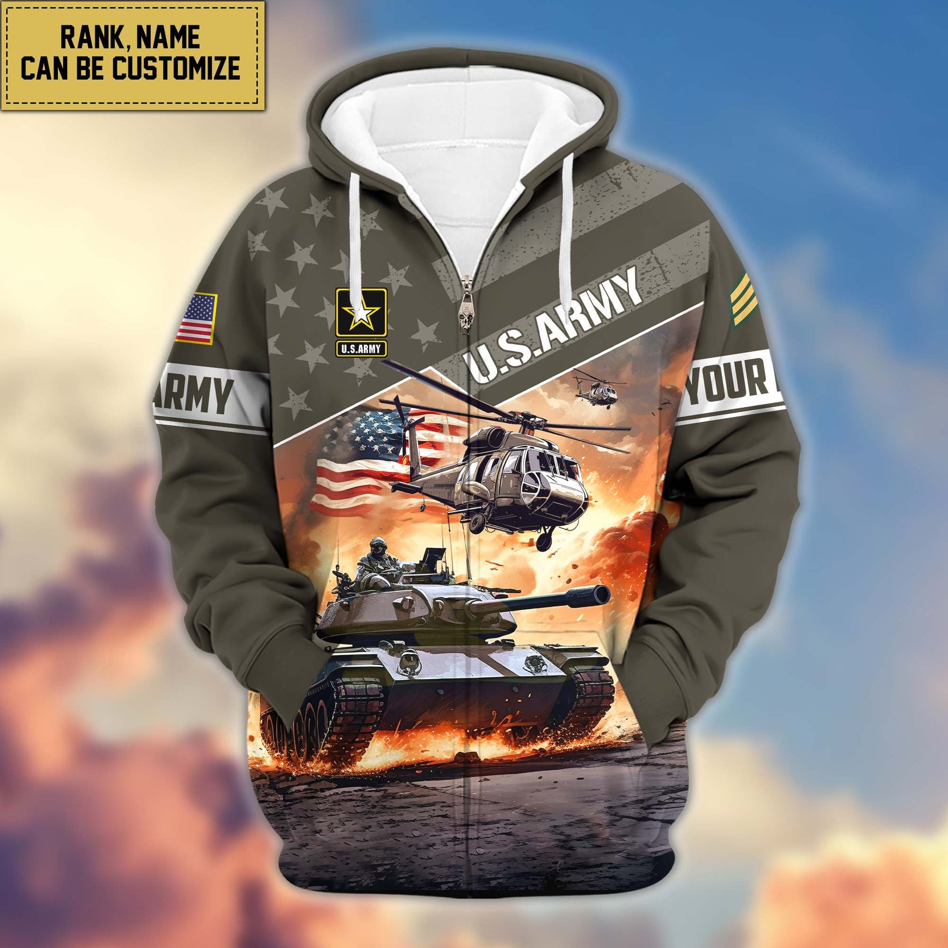 Premium US Army Zip Hoodie VPVC600701, Custom Name, Rank, Gifts For Army Veteran