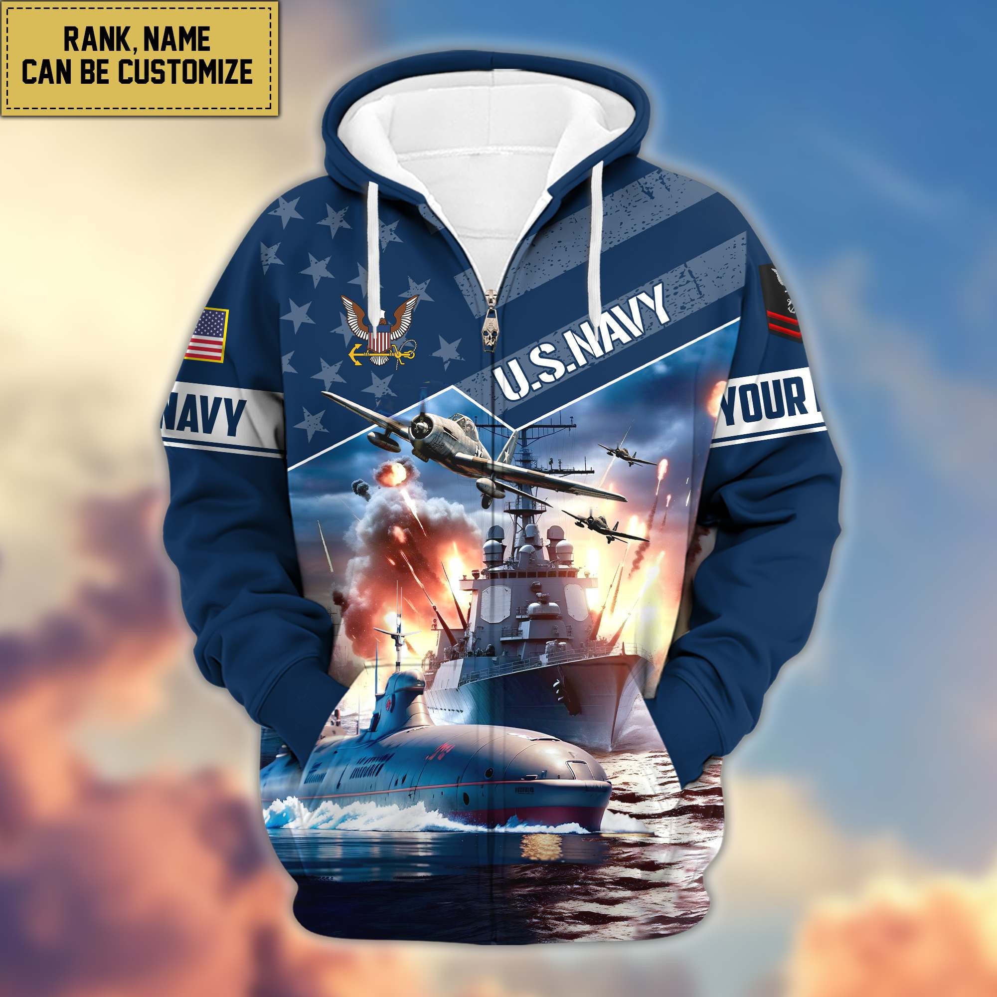 Premium US Navy Zip Hoodie VPVC600702, Custom Name, Rank, Gifts For Navy Veteran