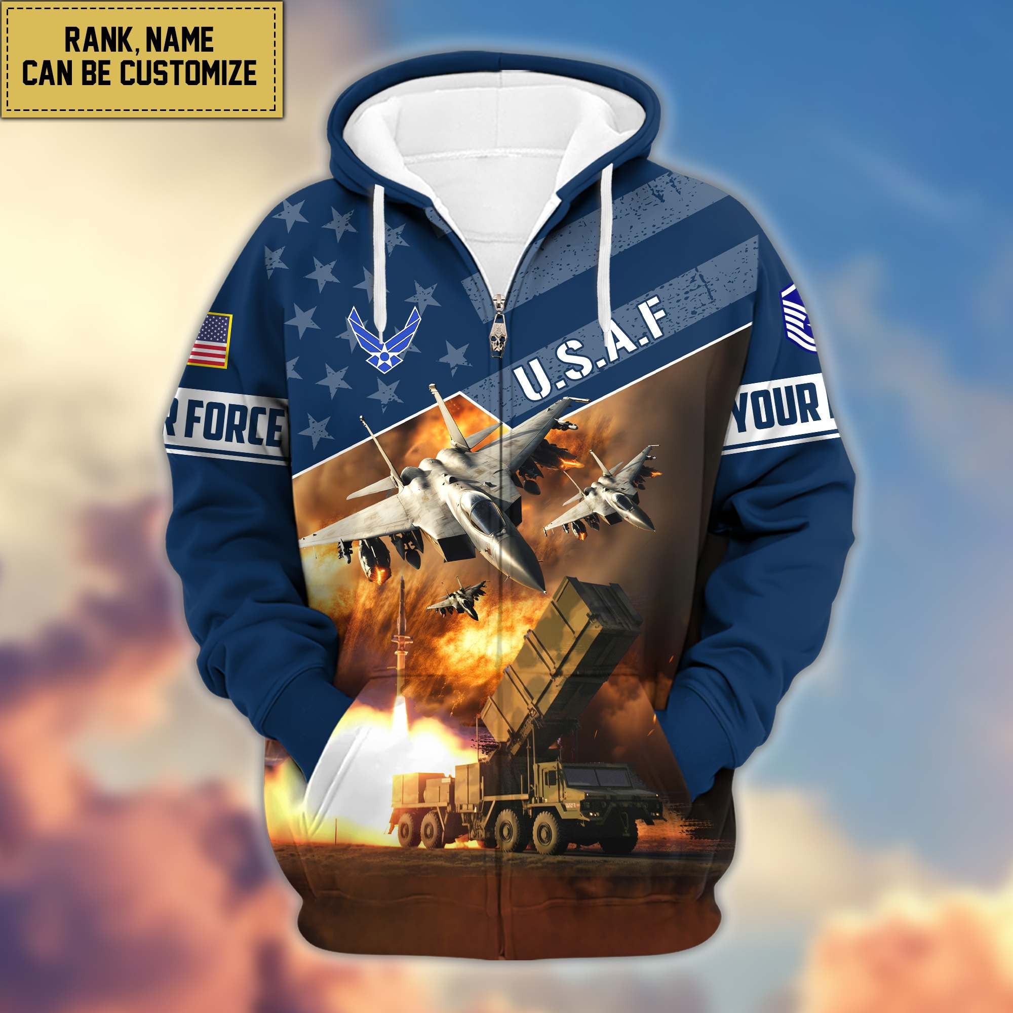 Premium USAF Zip Hoodie VPVC600704, Custom Name, Rank, Gifts For Air Force Veteran, Gifts For Veterans Day