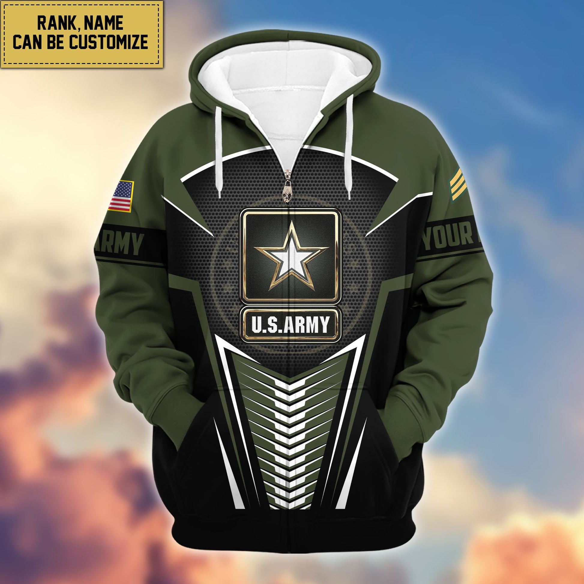 Premium US Army Zip Hoodie VPVC600801, Custom Name, Rank, Gifts For Army Veteran