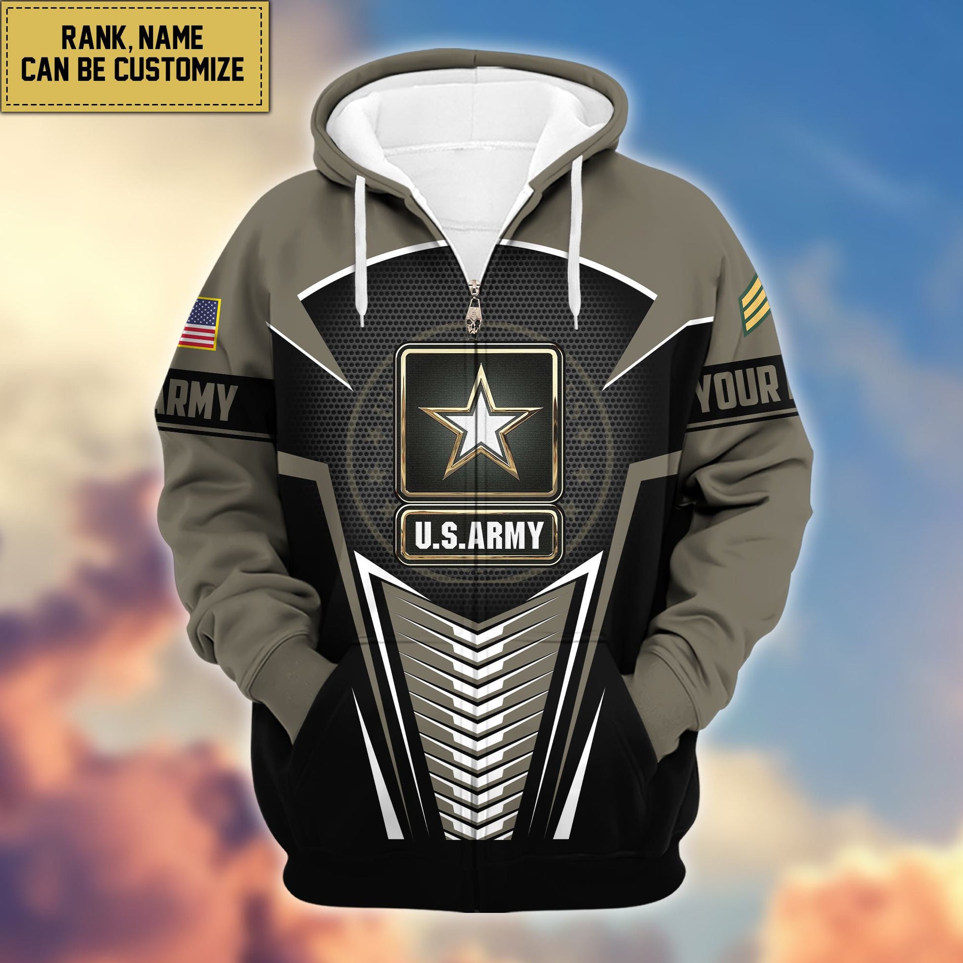 Premium US Army Zip Hoodie VPVC600801, Custom Name, Rank, Gifts For Army Veteran