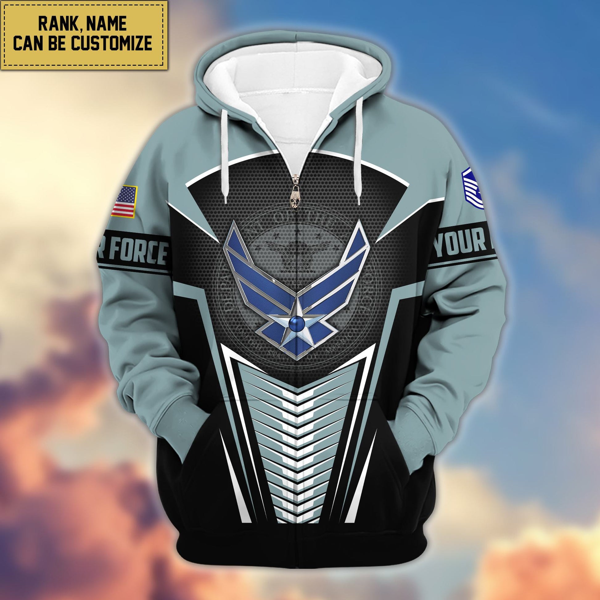 Premium USAF Zip Hoodie VPVC600804, Custom Name, Rank, Gifts For Air Force Veteran, Gifts For Veterans Day