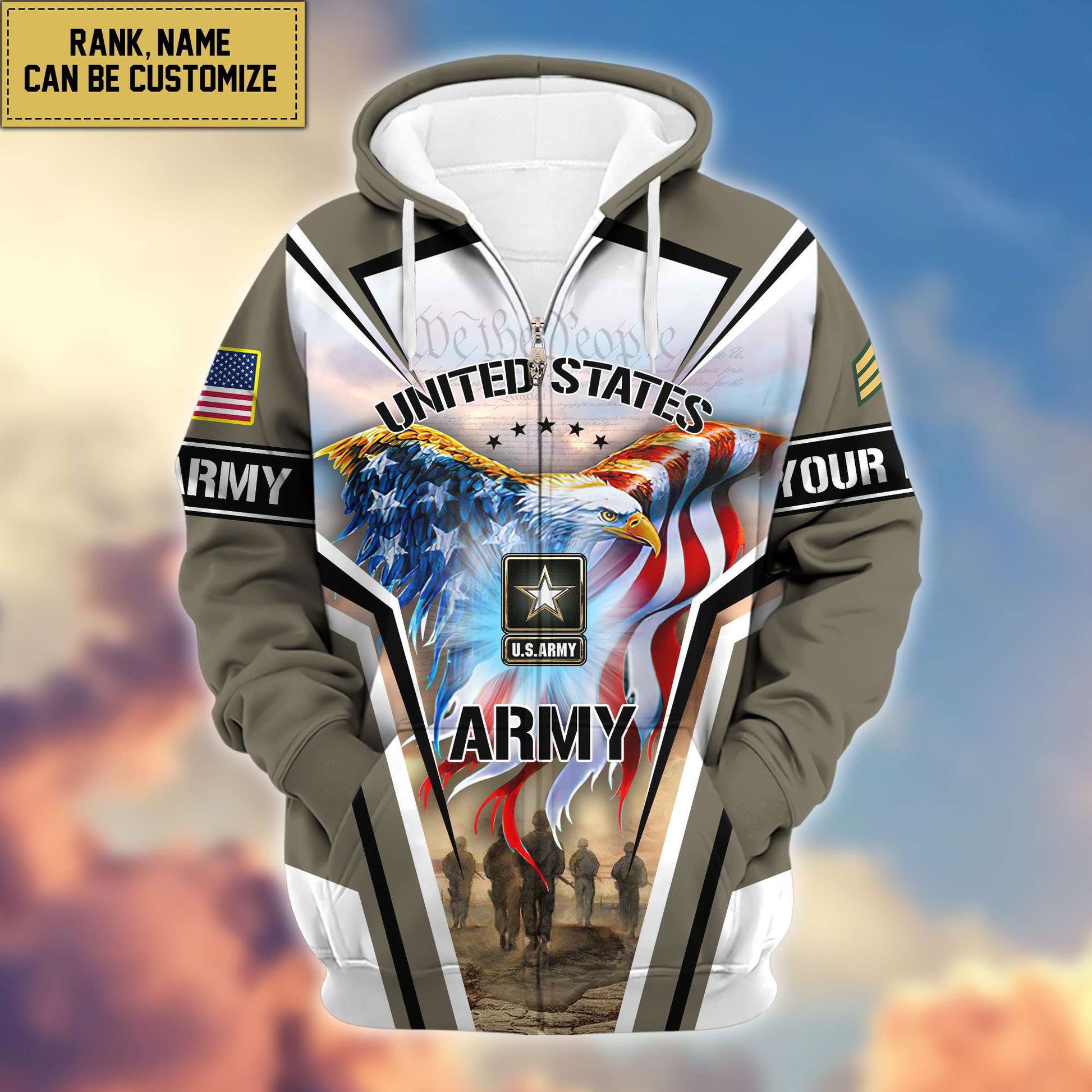 Premium US Army Zip Hoodie VPVC600901, Custom Name, Rank, Gifts For Army Veteran