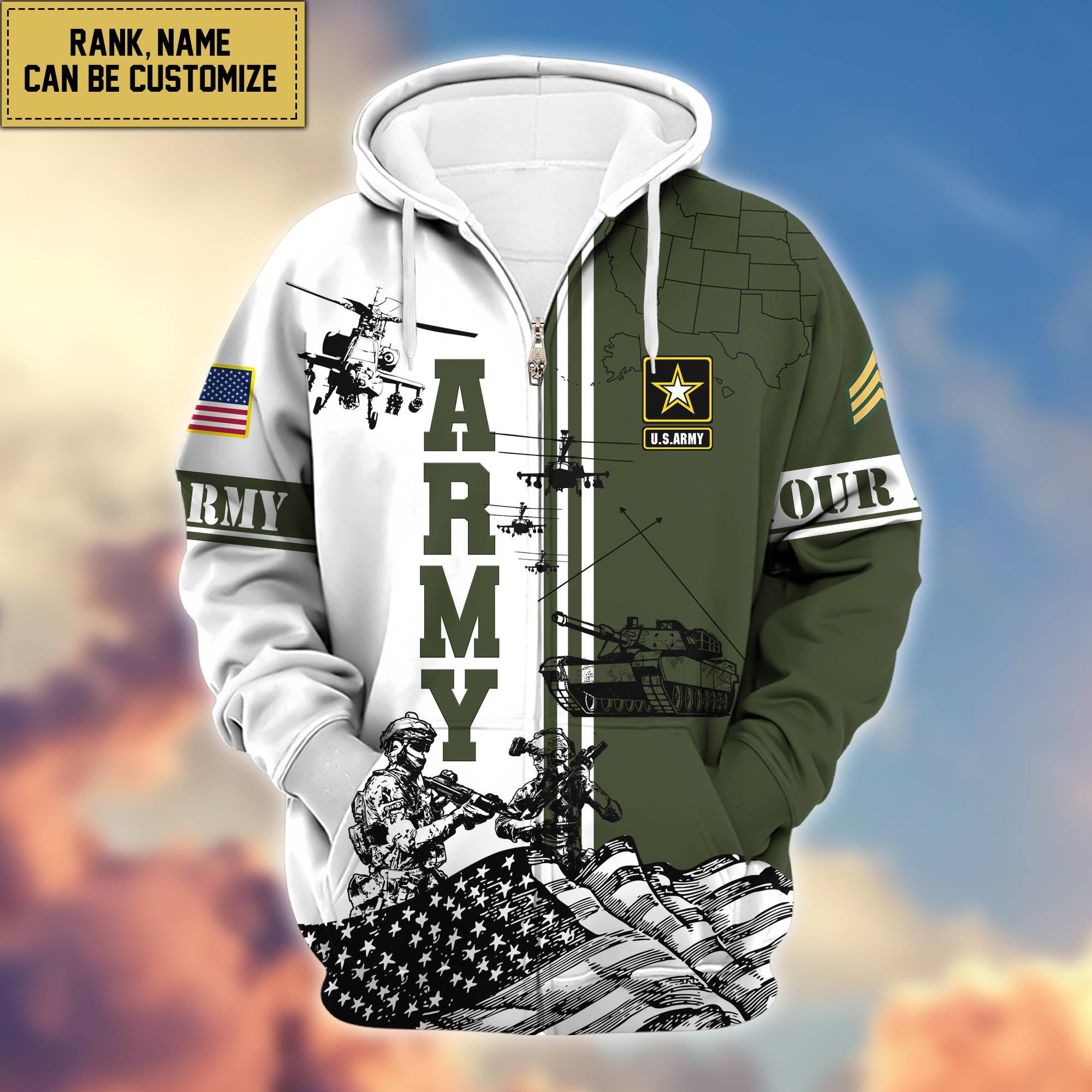 Premium US Army Zip Hoodie VPVC601001, Gifts For Army Veteran