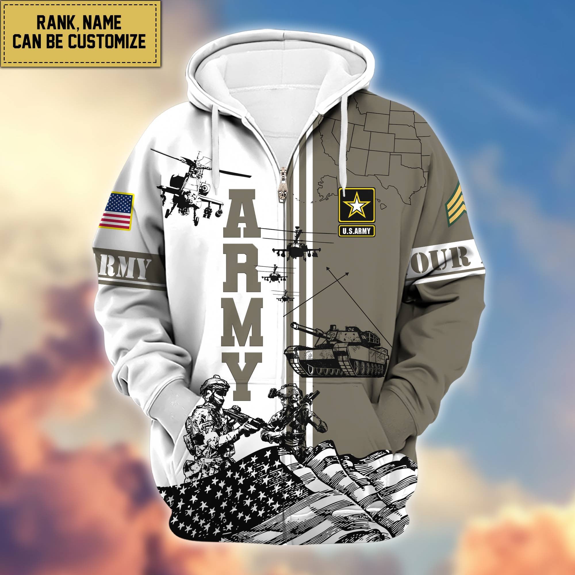 Premium US Army Zip Hoodie VPVC601001, Gifts For Army Veteran