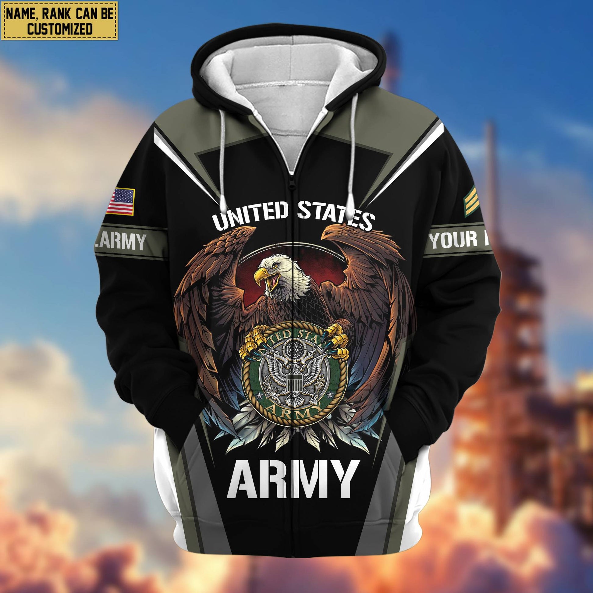 Premium US Army Zip Hoodie VPVC601701, Custom Name, Rank, Gifts For Army Veteran