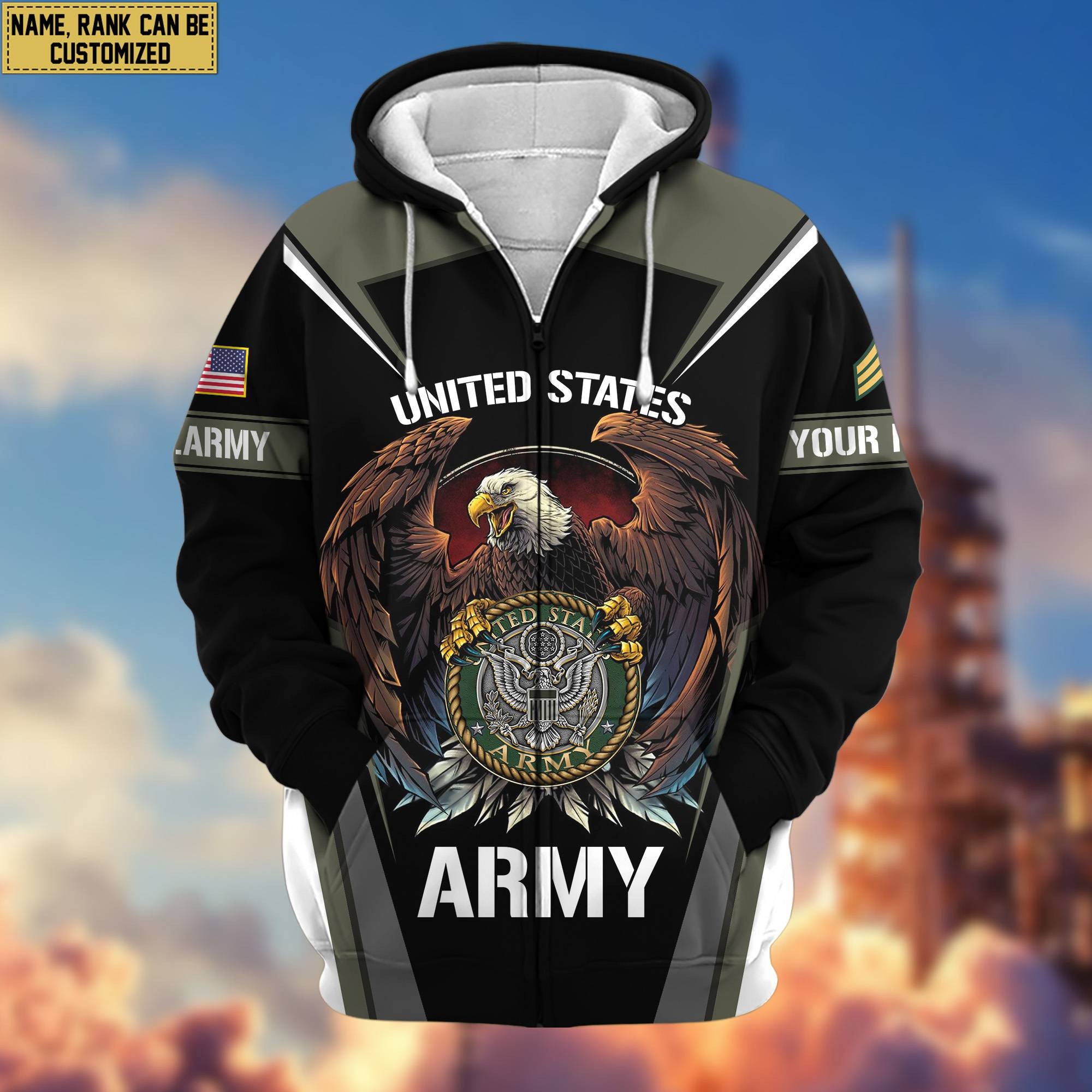 Premium US Army Zip Hoodie VPVC601701, Custom Name, Rank, Gifts For Army Veteran
