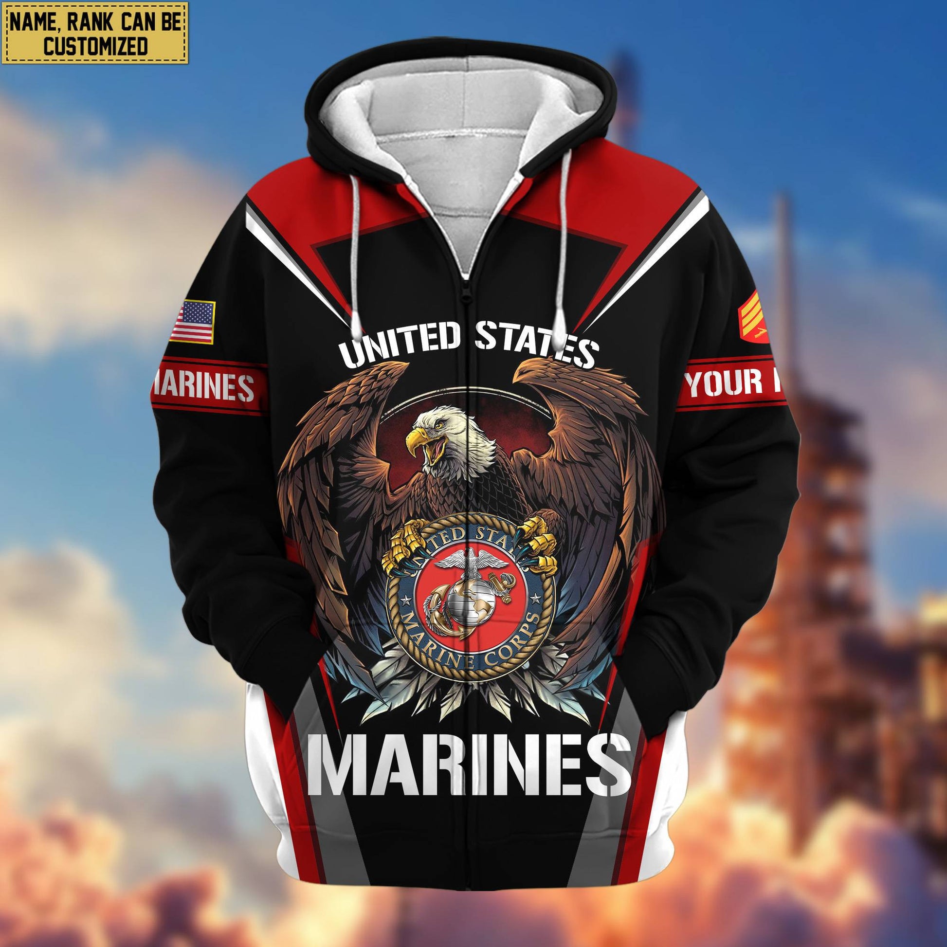 Premium USMC Zip Hoodie VPVC601703, Custom Name, Rank, Gifts For Marine Veteran