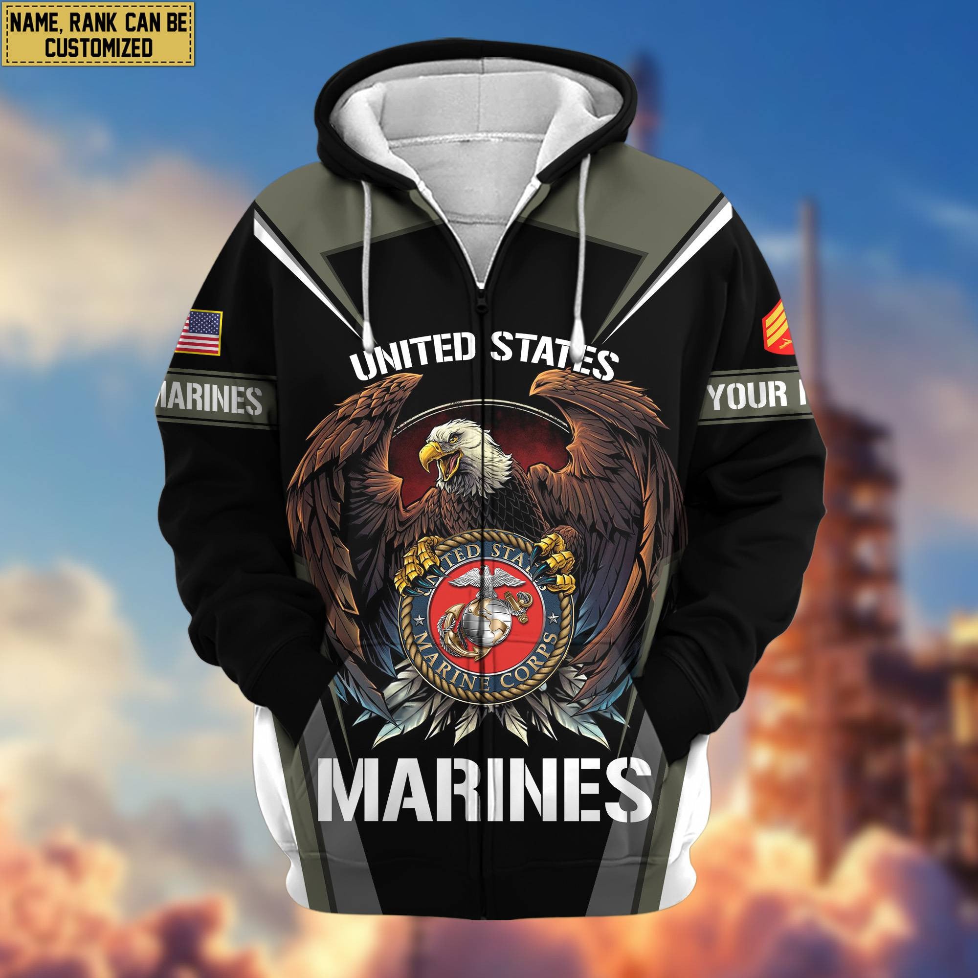 Premium USMC Zip Hoodie VPVC601703, Custom Name, Rank, Gifts For Marine Veteran