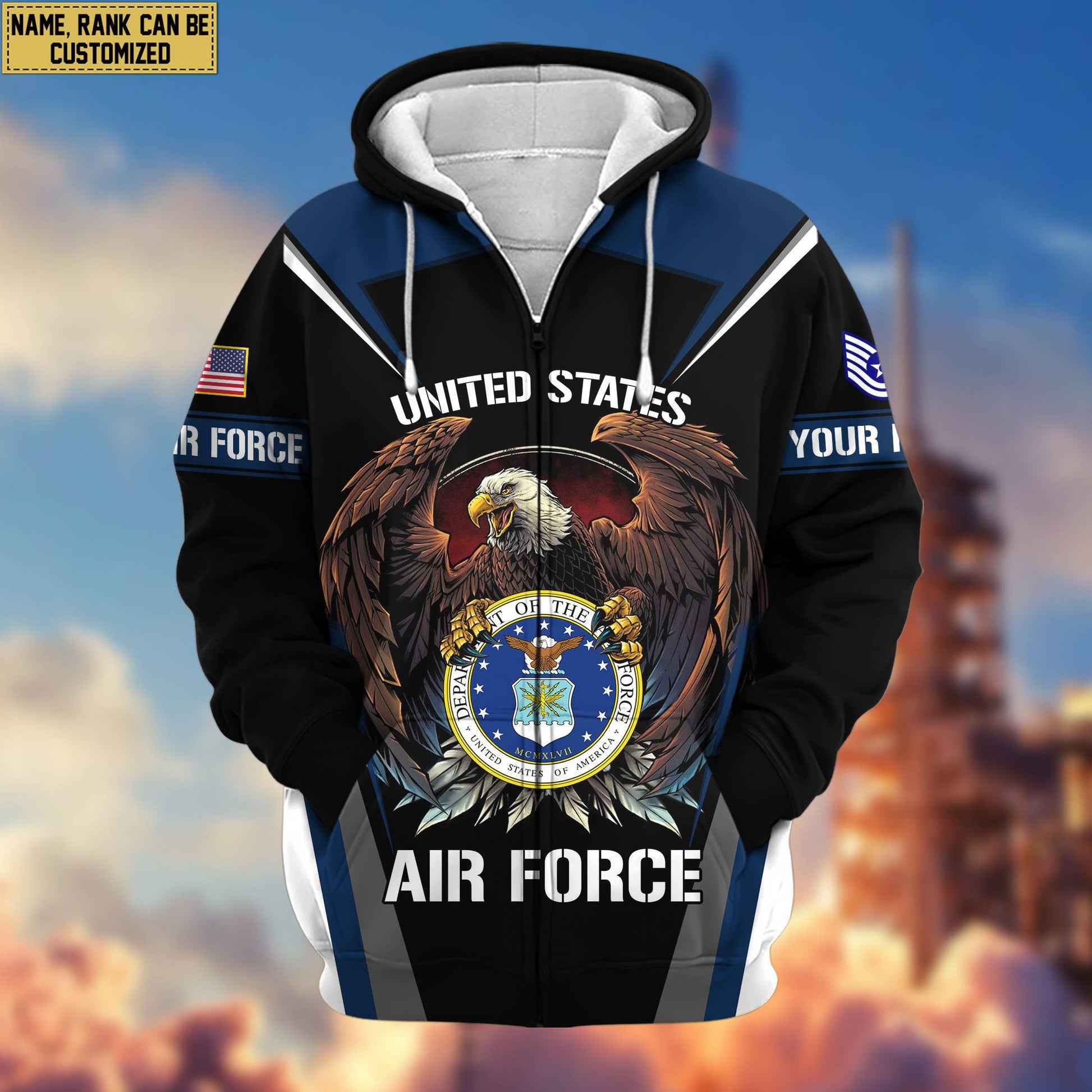 Premium USAF Zip Hoodie VPVC601704, Custom Name, Rank, Gifts For Air Force Veteran, Gifts For Veterans Day
