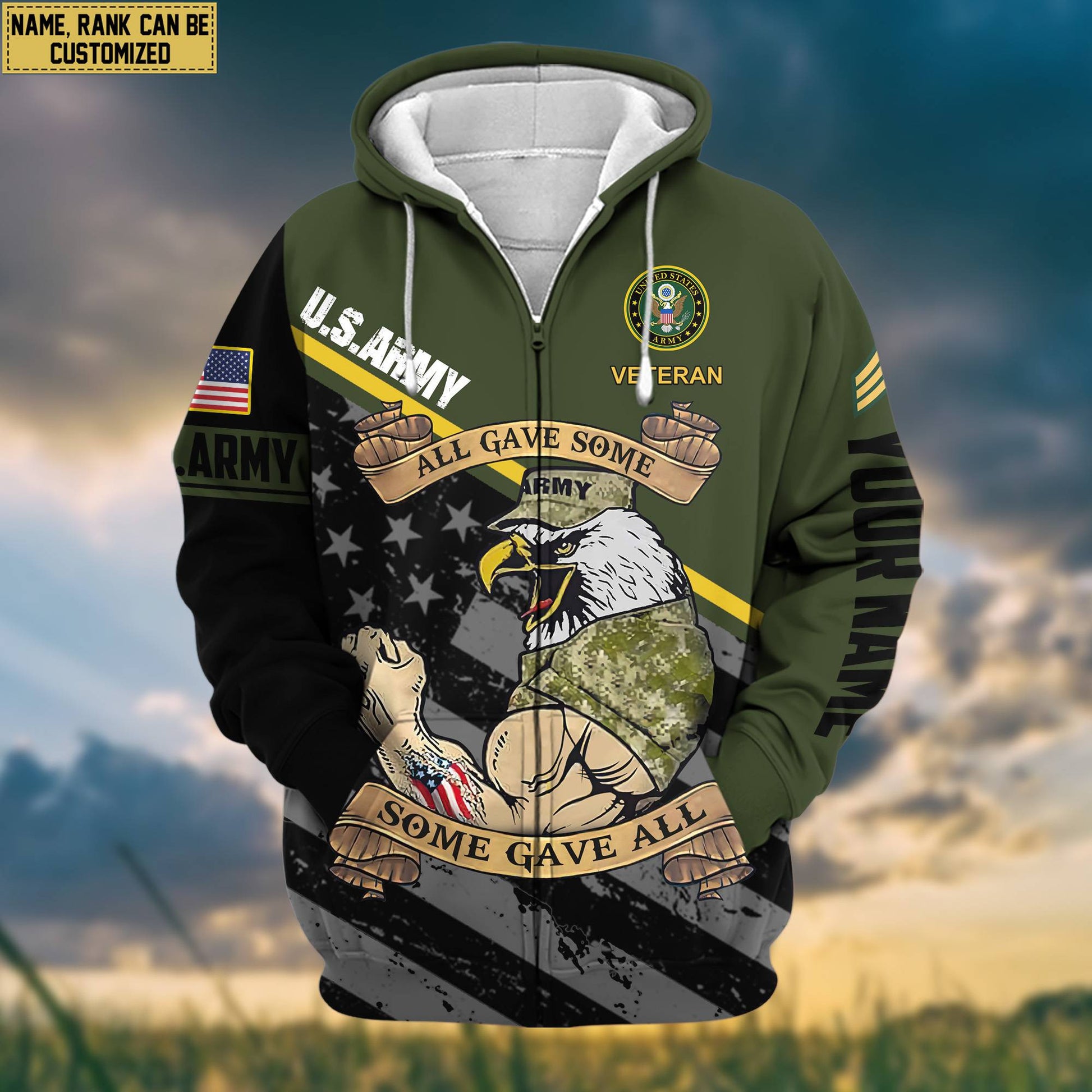 Premium US Army Zip Hoodie VPVC602001, Custom Name, Rank, Gifts For Army Veteran