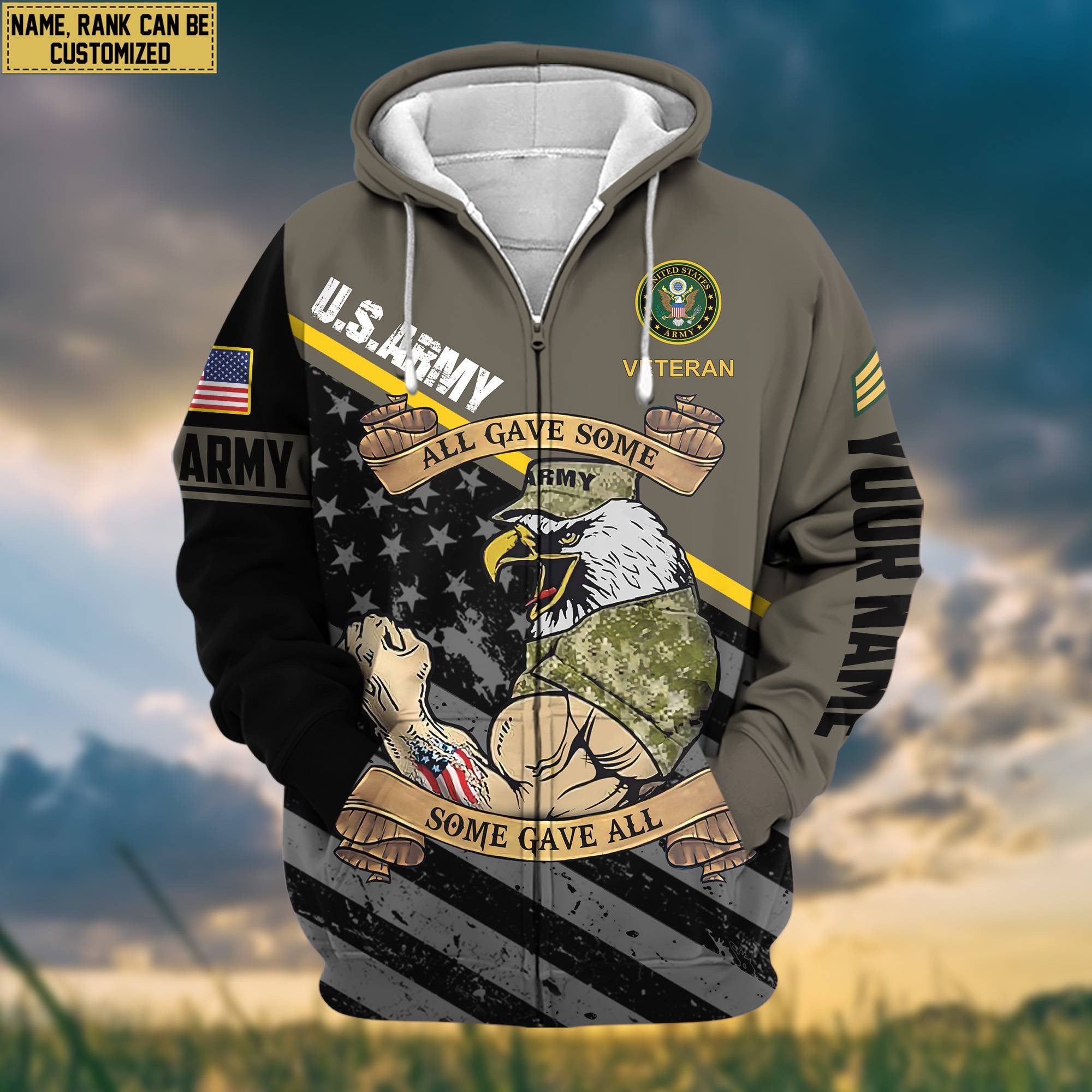 Premium US Army Zip Hoodie VPVC602001, Custom Name, Rank, Gifts For Army Veteran