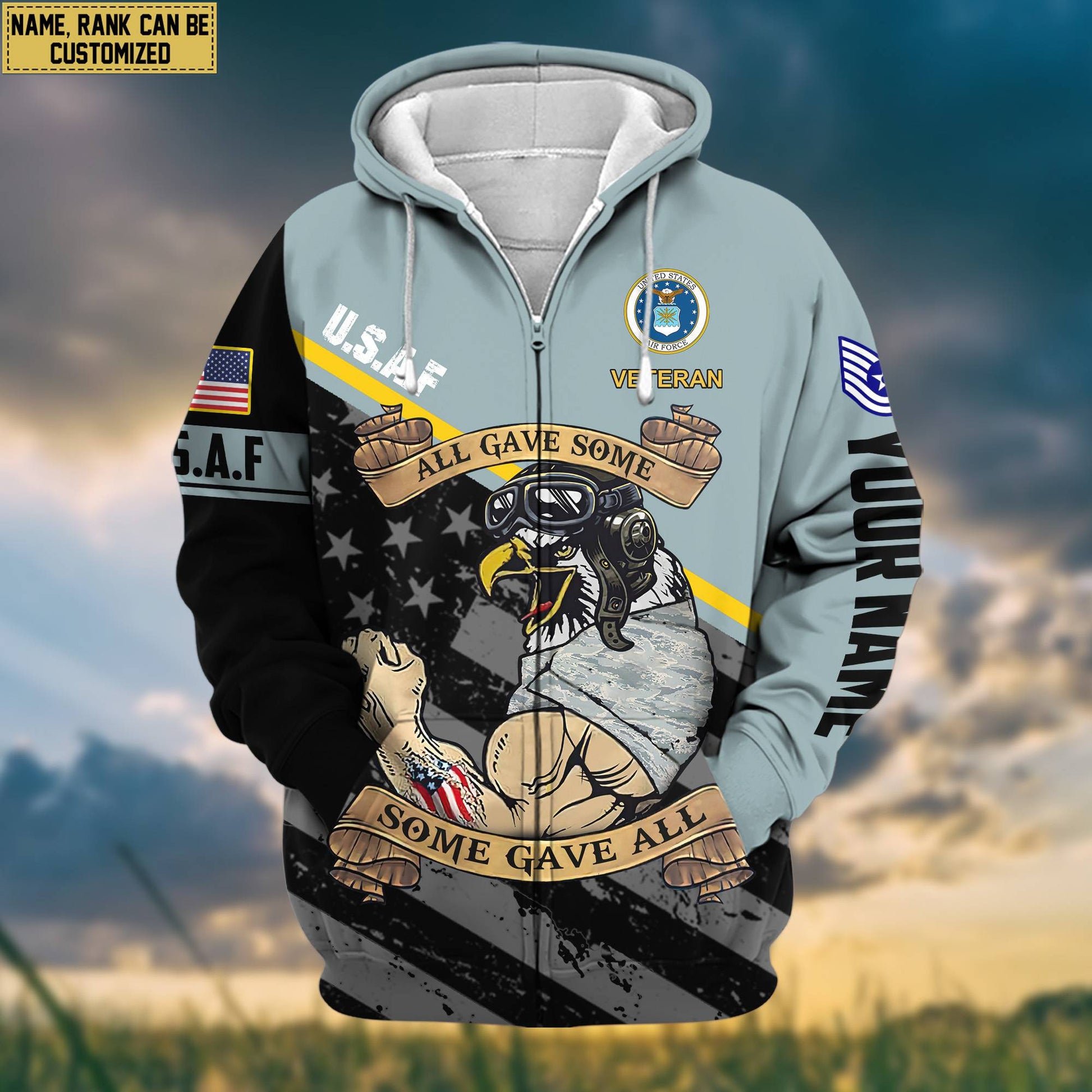 Premium USAF Zip Hoodie VPVC602004, Custom Name, Rank, Gifts For Air Force Veteran, Gifts For Veterans Day