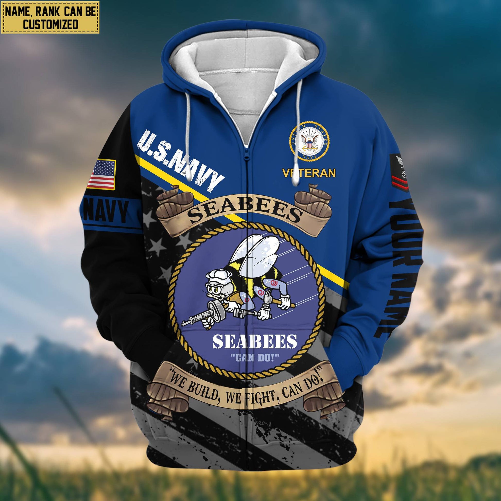 Premium US Seabees Zip Hoodie VPVC602008, Custom Name, Rank, Gifts For US Veterans