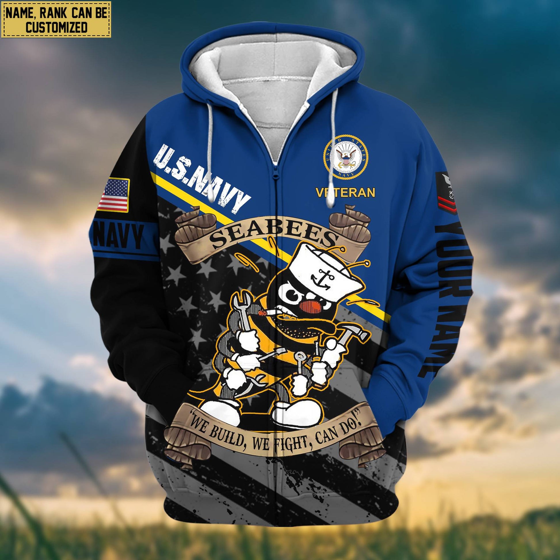 Premium US Seabees Zip Hoodie VPVC602009, Custom Name, Rank, Gifts For US Veterans