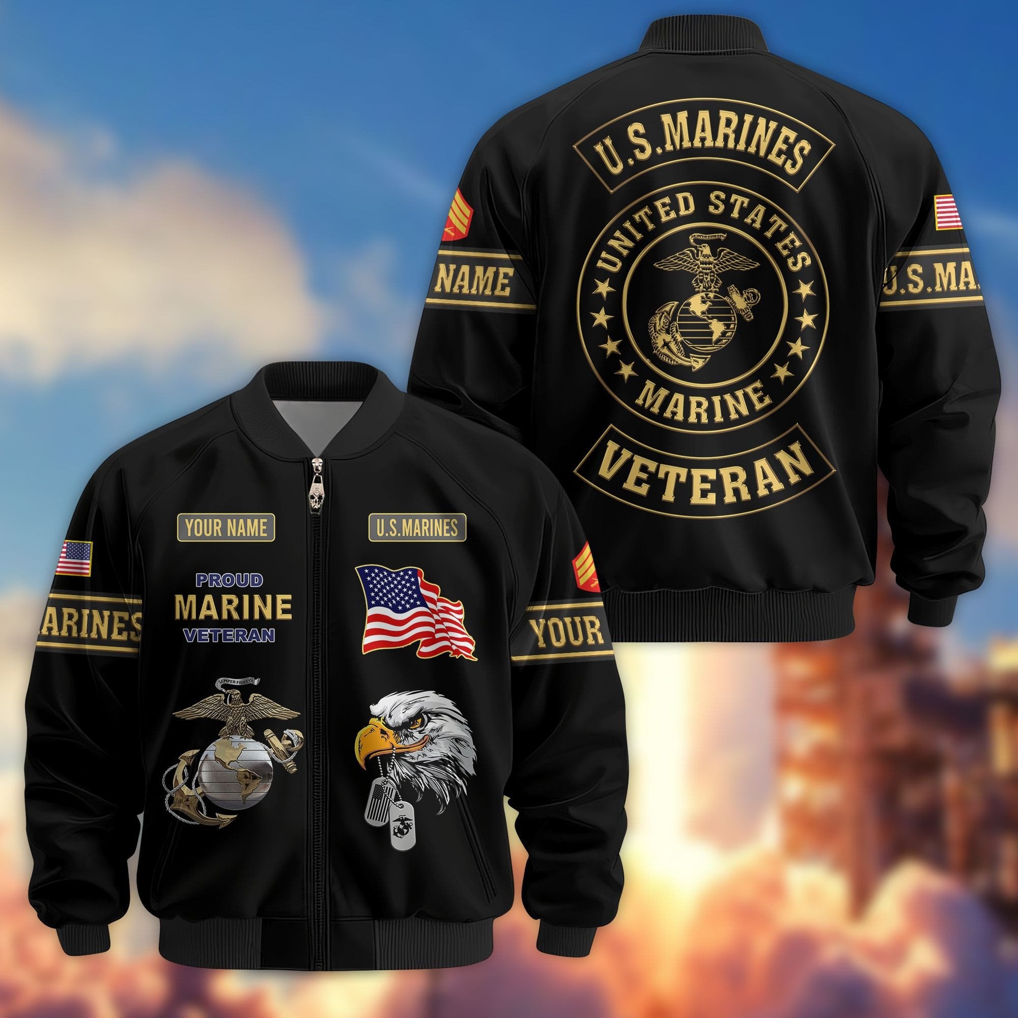 Premium USMC Veteran Bomber Jacket VPVC800703, Custom Name, Rank, Gifts For US Marines Veteran