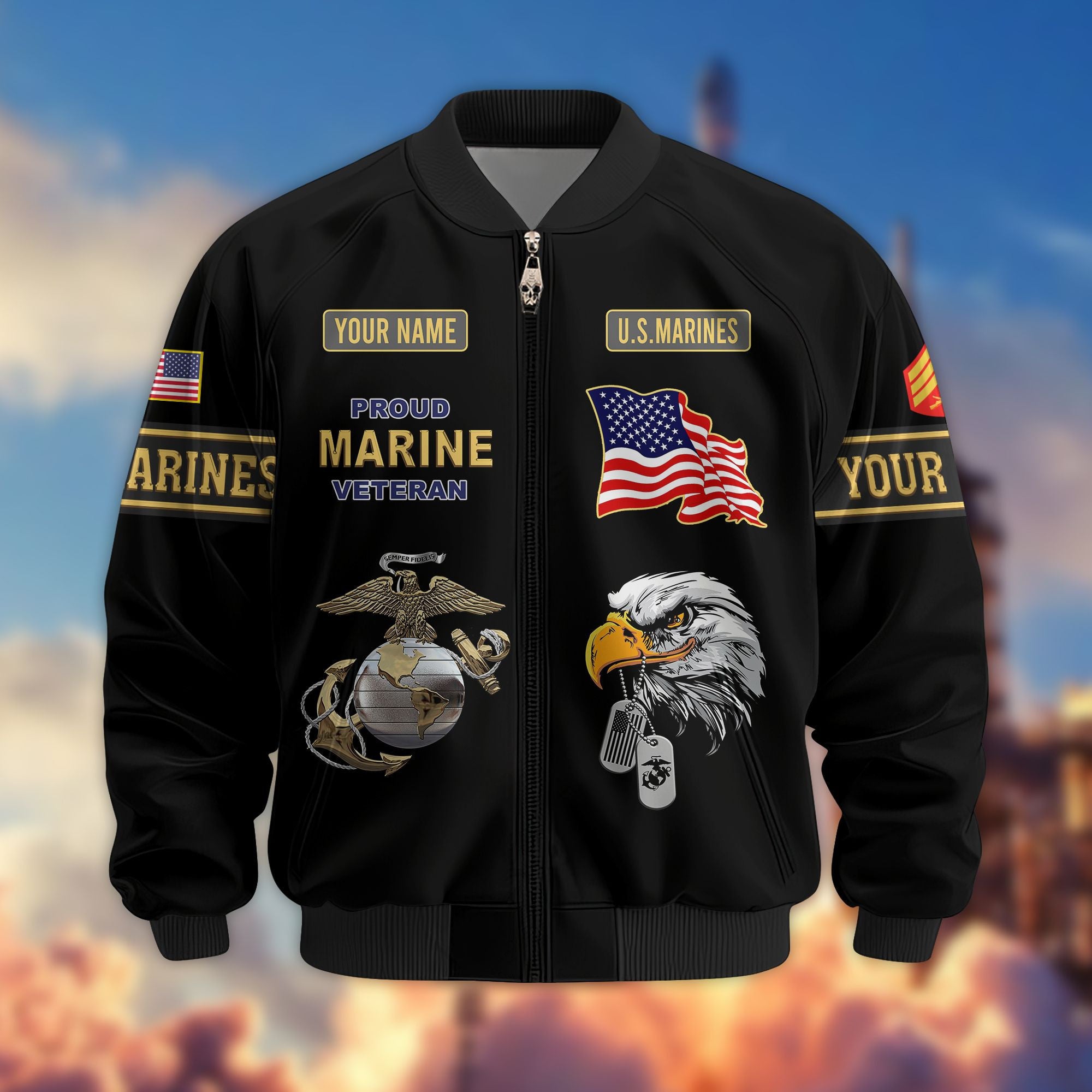 Premium USMC Veteran Bomber Jacket VPVC800703, Custom Name, Rank, Gifts For US Marines Veteran