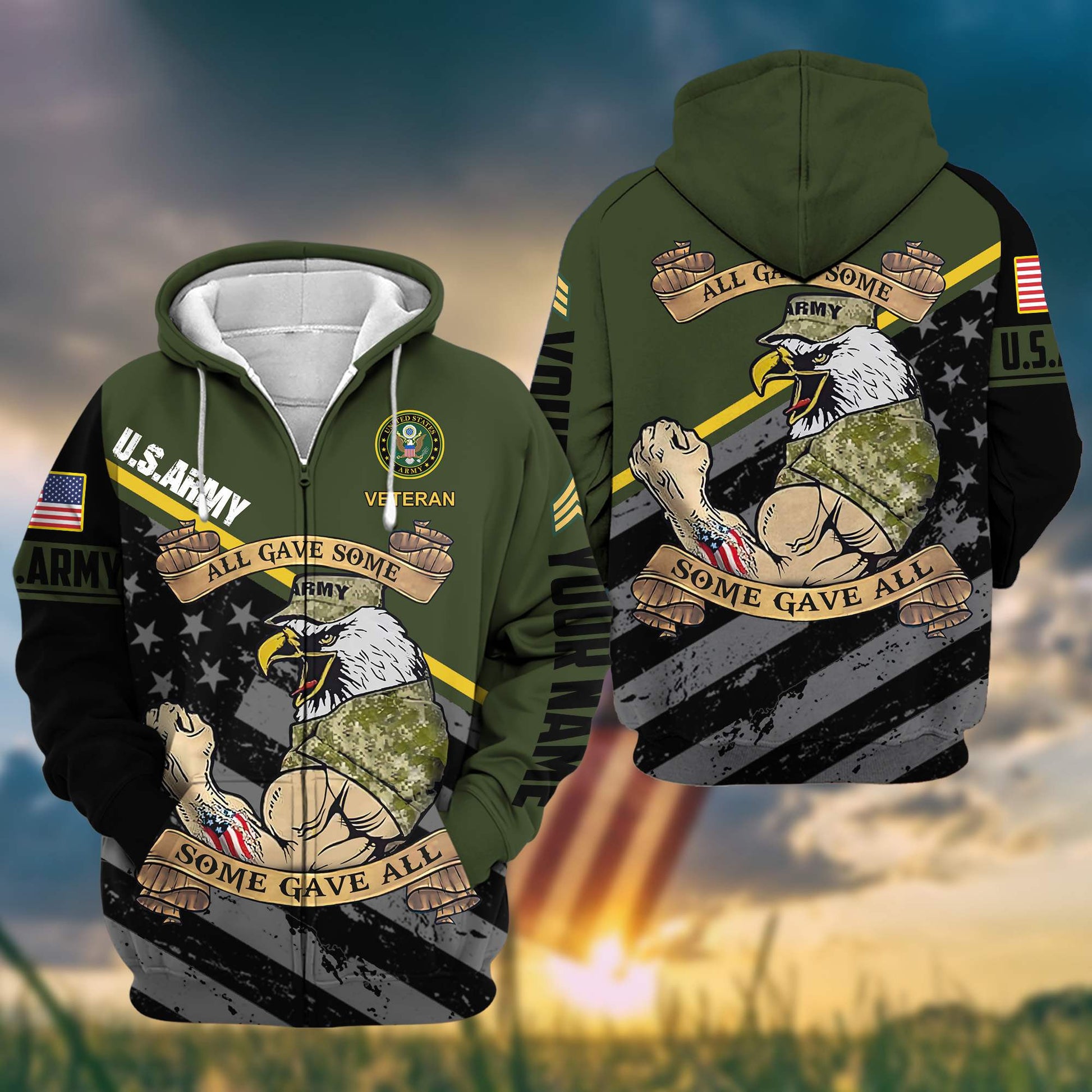 Premium US Army Zip Hoodie VPVC602001, Custom Name, Rank, Gifts For Army Veteran