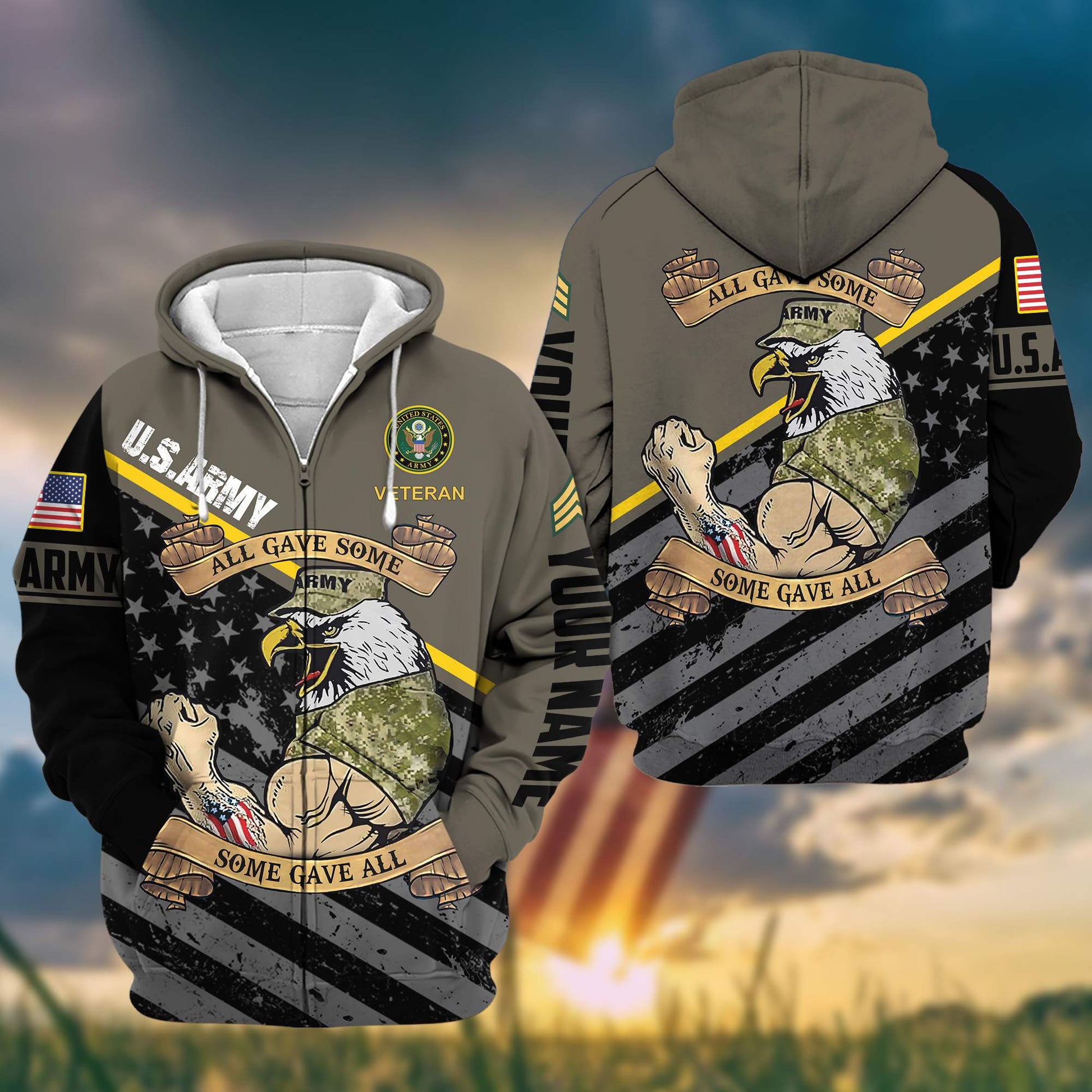 Premium US Army Zip Hoodie VPVC602001, Custom Name, Rank, Gifts For Army Veteran
