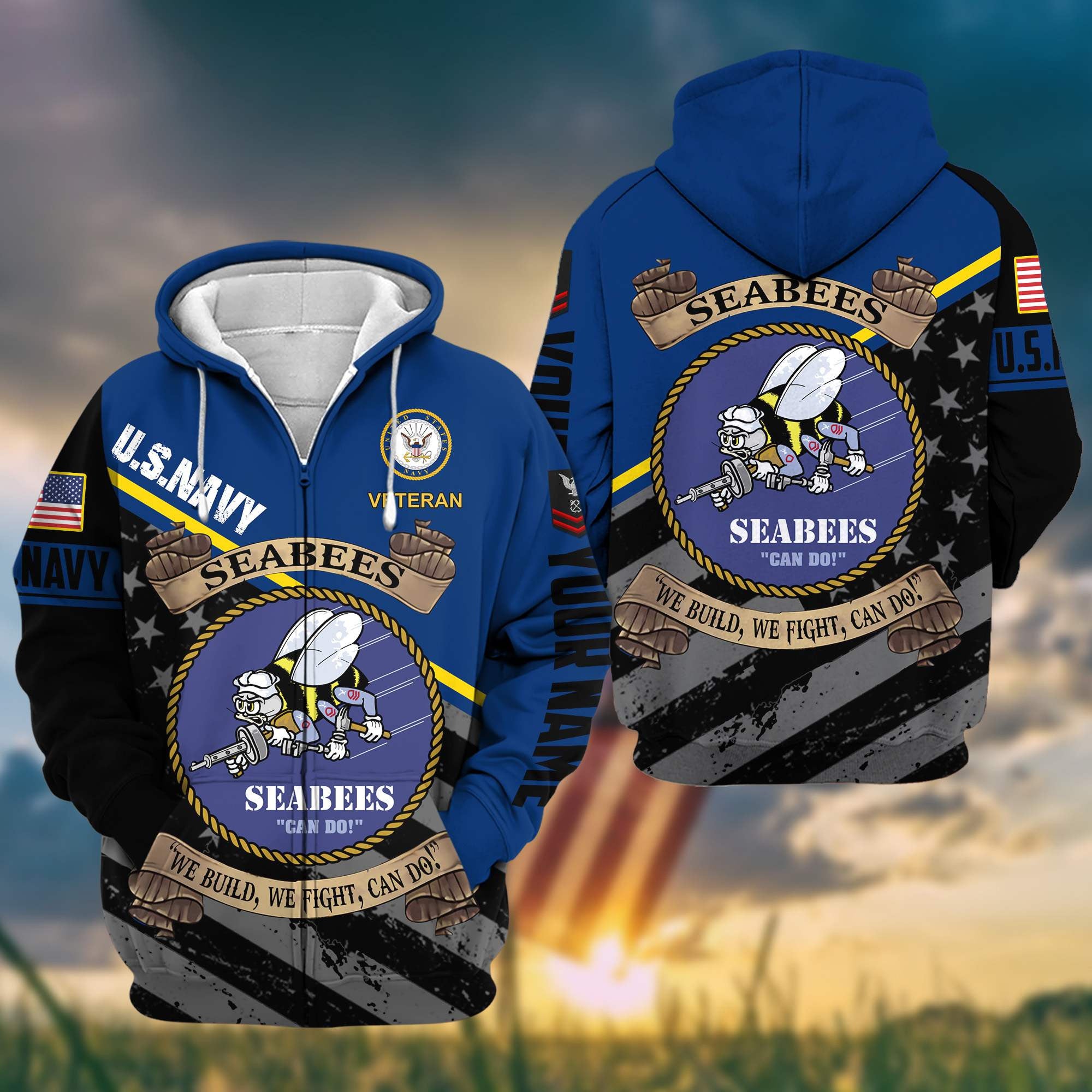 Premium US Seabees Zip Hoodie VPVC602008, Custom Name, Rank, Gifts For US Veterans