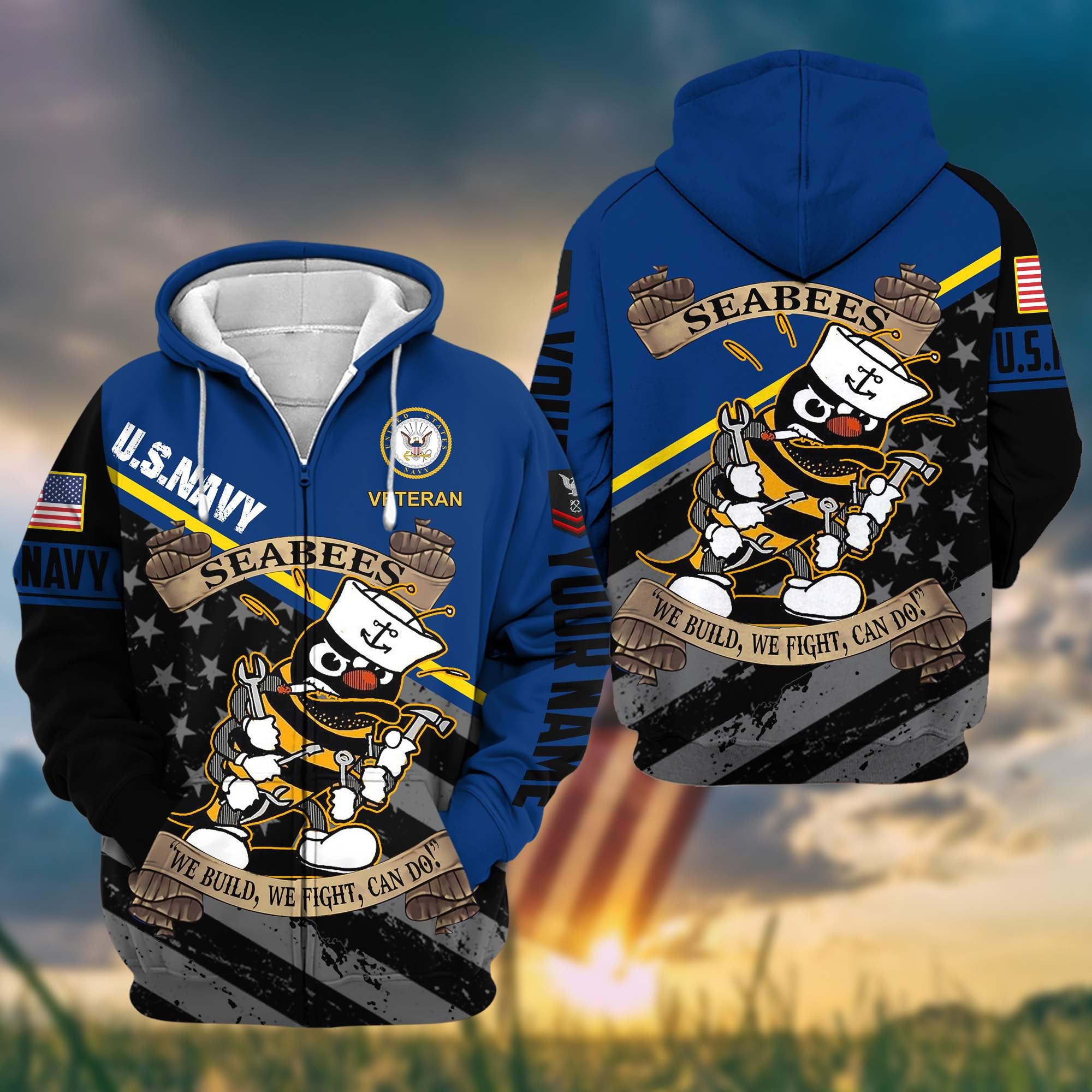 Premium US Seabees Zip Hoodie VPVC602009, Custom Name, Rank, Gifts For US Veterans