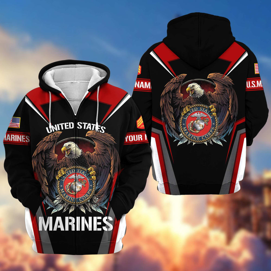 Premium USMC Zip Hoodie VPVC601703, Custom Name, Rank, Gifts For Marine Veteran