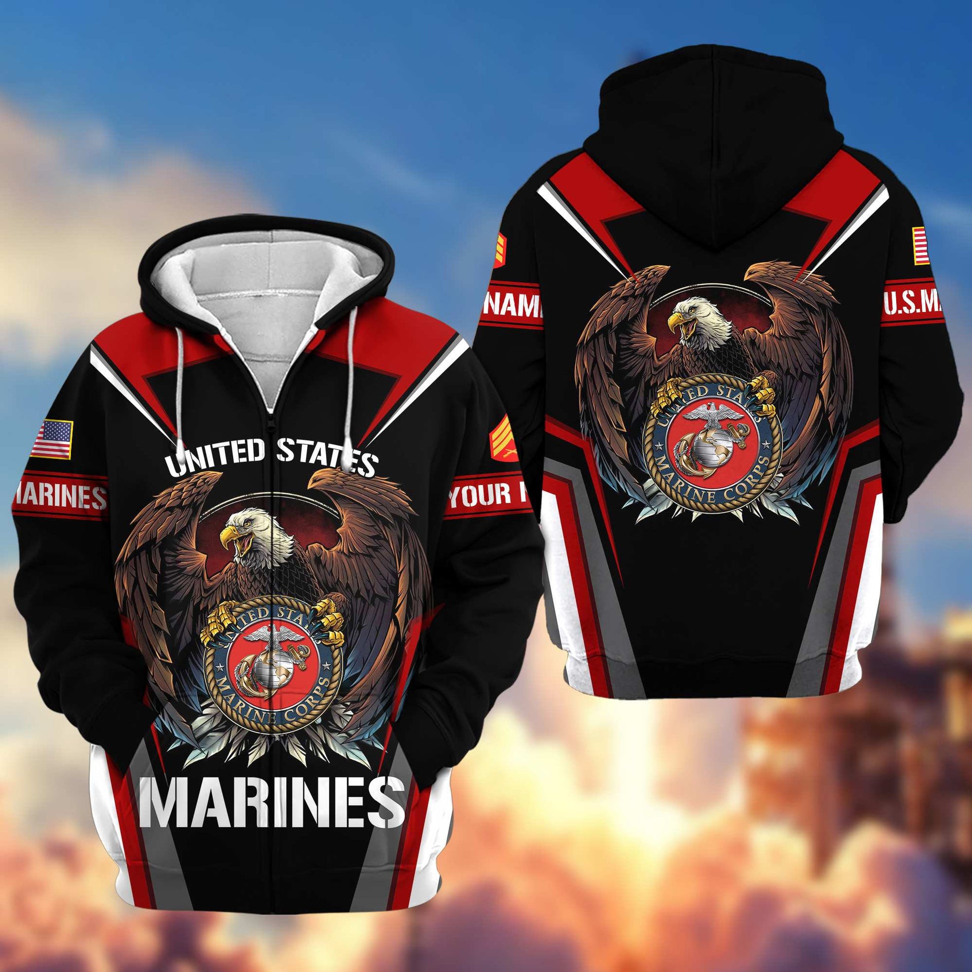Premium USMC Zip Hoodie VPVC601703, Custom Name, Rank, Gifts For Marine Veteran