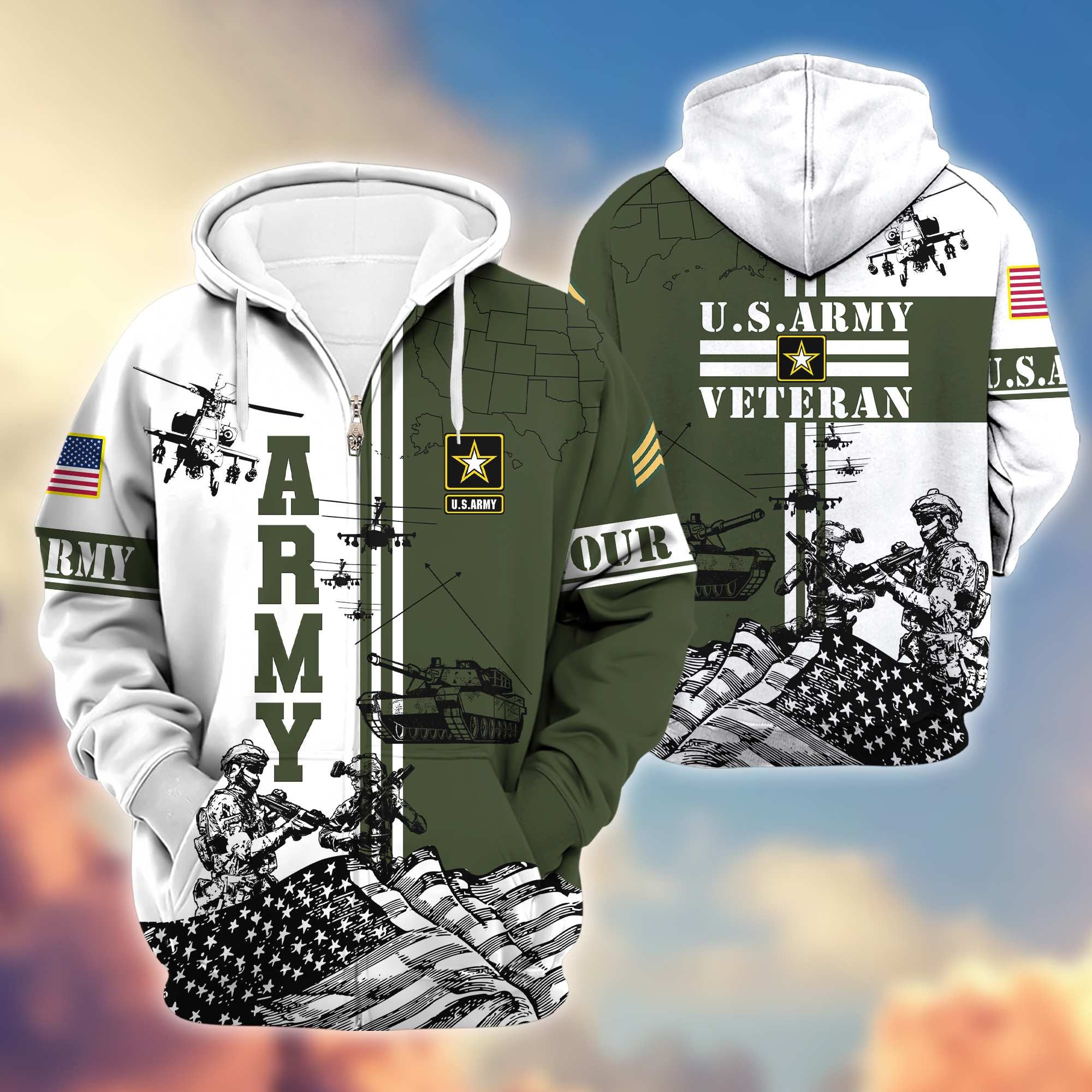 Premium US Army Zip Hoodie VPVC601001, Gifts For Army Veteran