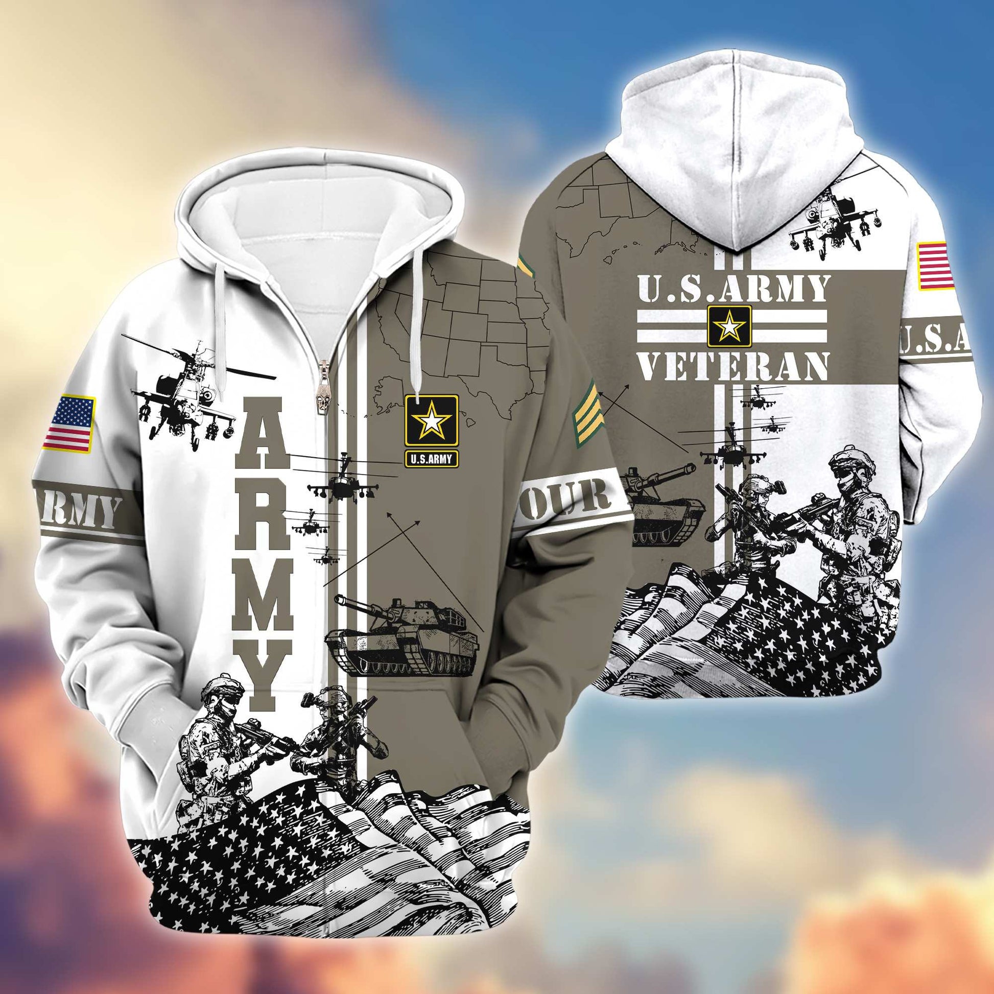 Premium US Army Zip Hoodie VPVC601001, Gifts For Army Veteran