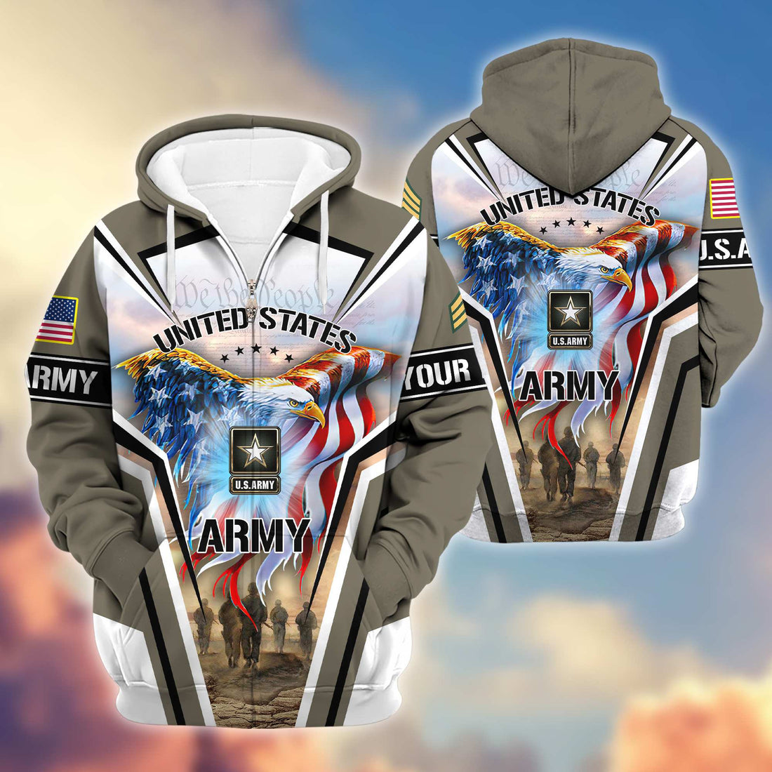 Premium US Army Zip Hoodie VPVC600901, Custom Name, Rank, Gifts For Army Veteran