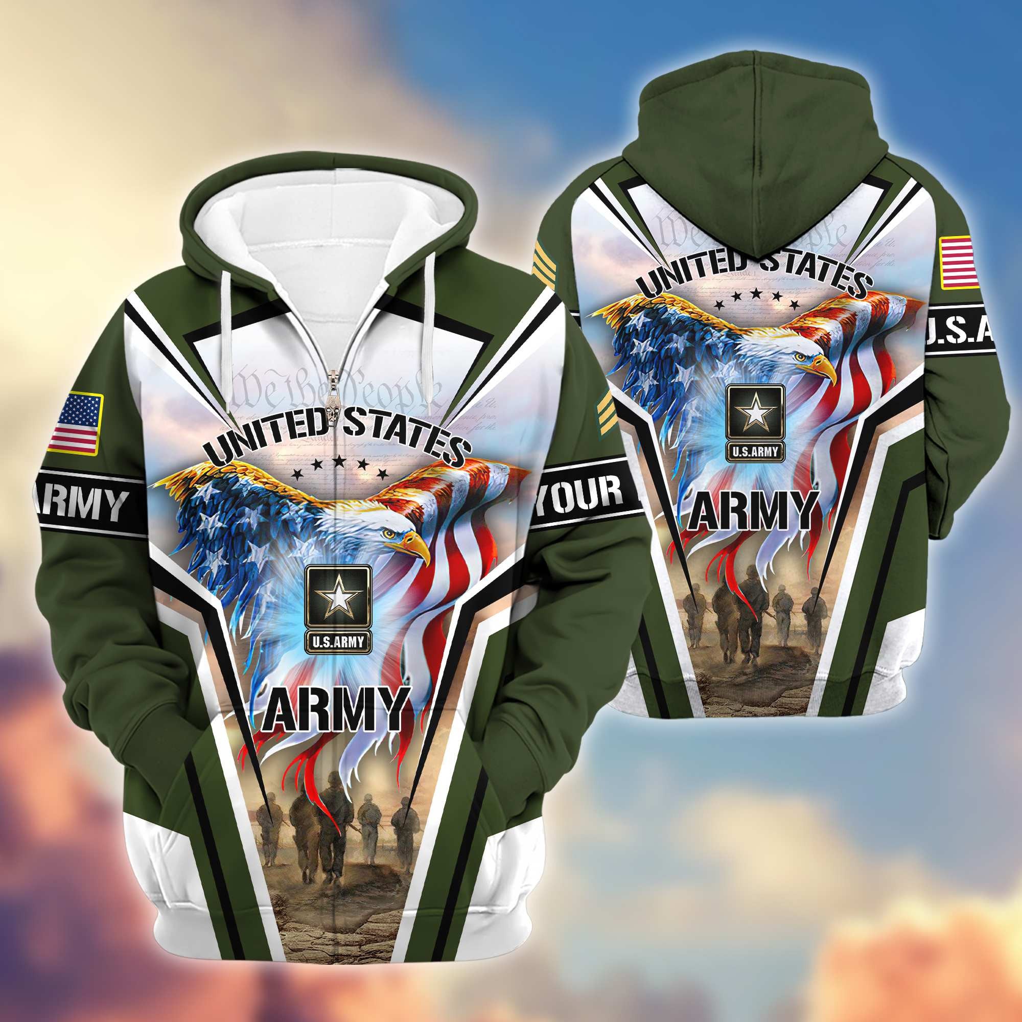 Premium US Army Zip Hoodie VPVC600901, Custom Name, Rank, Gifts For Army Veteran
